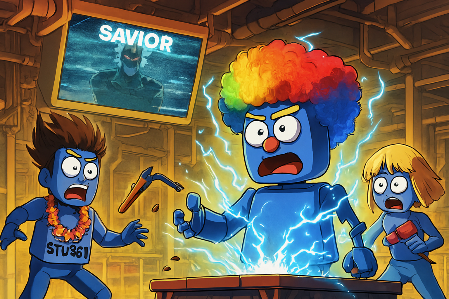 Animated scene with three blue characters, one with a rainbow-colored afro, surrounded by lightning, inside a workshop or garage, with a monitor displaying a masked figure and the word 'SAVIOR'.