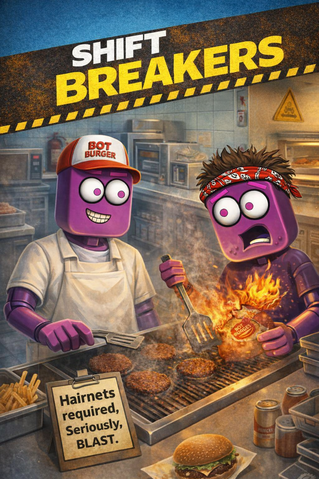 Two animated robots with purple bodies and large eyes working in a fast food kitchen, cooking hamburgers on a grill. One robot wears a hairnet and a white apron, the other has spiky hair and a red bandana, and is setting a burger on fire. A sign reads 'Hairnets required, Seriously, BLAST.' A burger on a paper wrapper and cans of soda are on the counter, with a large sign above that says 'SHIFT BREAKERS'.