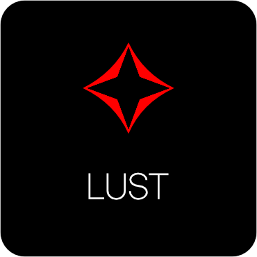 A black background with a red geometric symbol at the top and the word "LUST" in white capital letters below it.