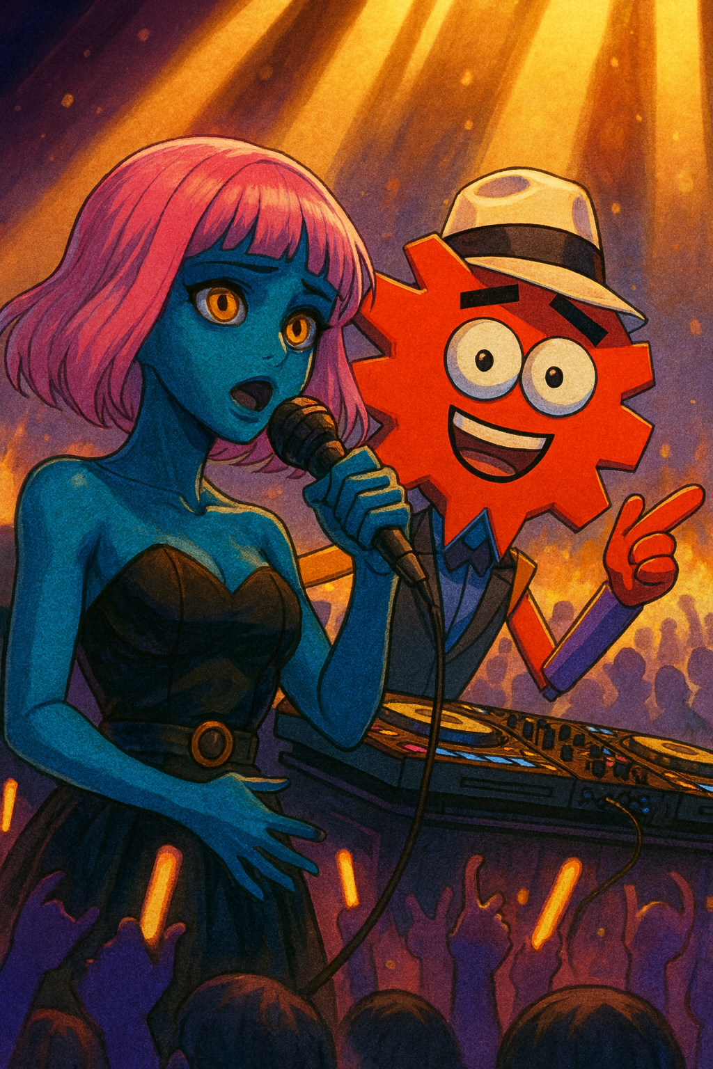 PNK001, a blue-skinned woman with pink hair singing into a microphone and a smiling orange gear-shaped cartoon character, M the ÎJbot, with glasses and a hat DJing on stage at a concert.