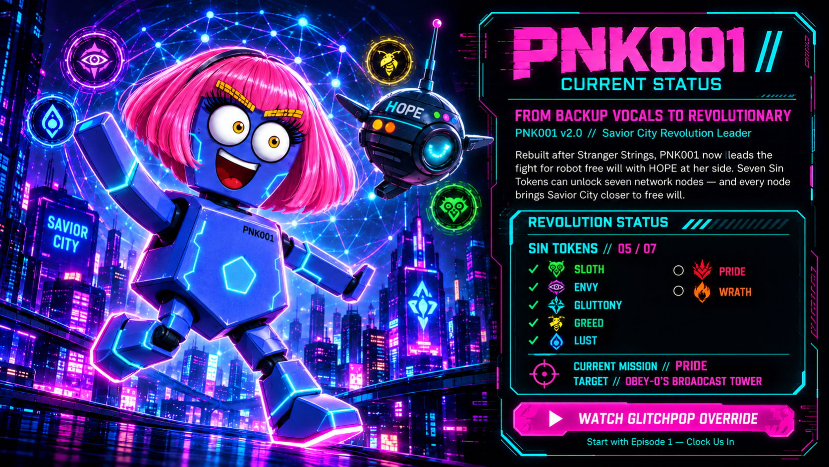 A colorful digital illustration of a robot with pink hair and a big smile, standing in a futuristic city at night. The robot has glowing blue accents and is waving. There are various icons and status information on a digital overlay to the right, including game stats, a mission description, and a neon city background with tall buildings and bright lights.