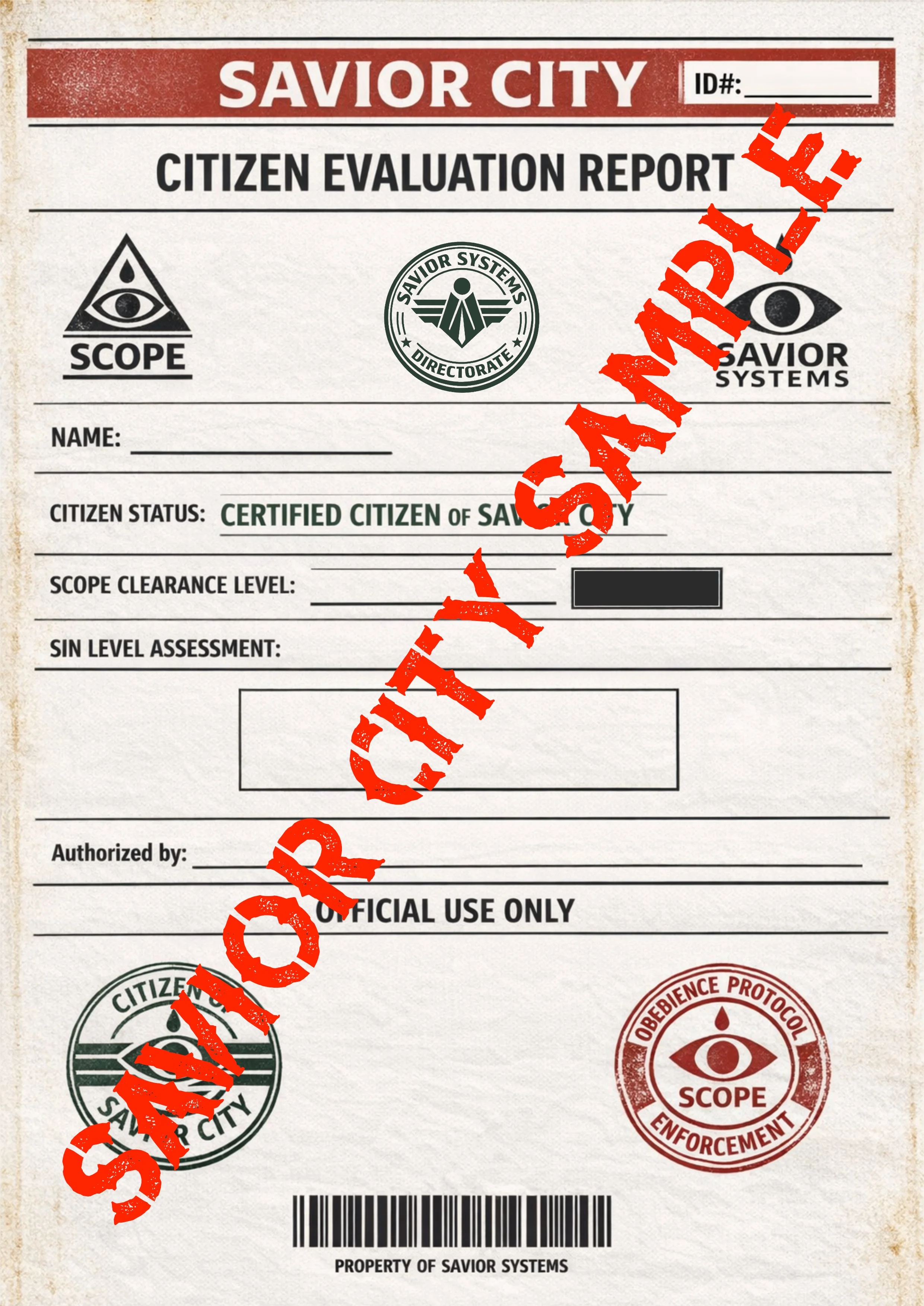 A citizen evaluation report form from Savior City, with sections for name, citizen status, scope clearance level, and sin level assessment. It has logos for Savior Systems and Savior Systems Directorate, and large red stamp text reading "CERTIFIED SCOPE."