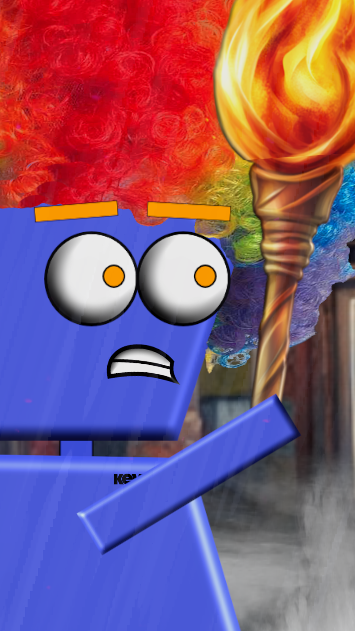 A blue robot with wide eyes and raised eyebrows holding a lit torch with flames, with a colorful, swirling background.