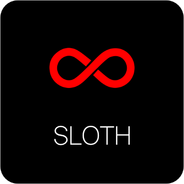A black background with a red infinity symbol and the word 'SLOTH' written below in white.