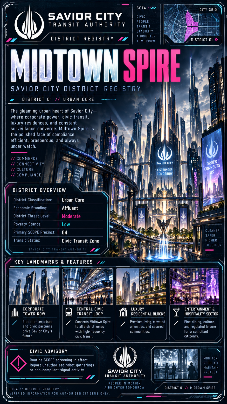 A futuristic cityscape advertising Midtown Spire in Savior City, showing tall skyscrapers, digital billboards, and transit infrastructure, with a description of district features and landmarks.