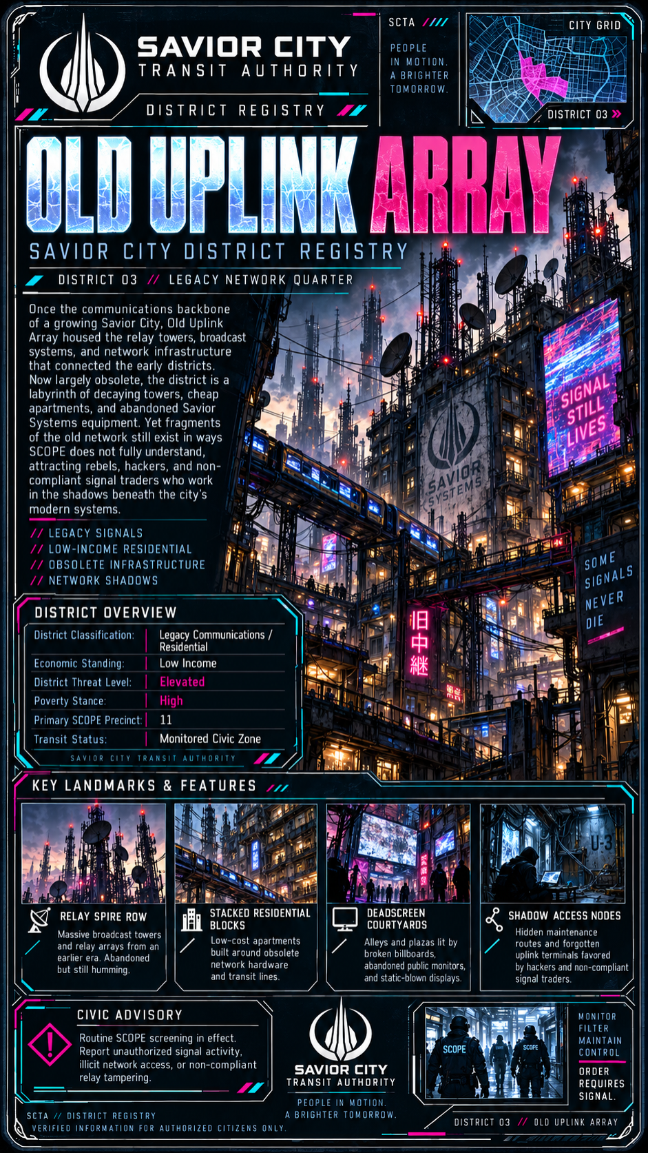 Futuristic cityscape with tall buildings, neon signs, and broadcast towers, referencing a dystopian or cyberpunk setting for the Savior City District Registry poster.