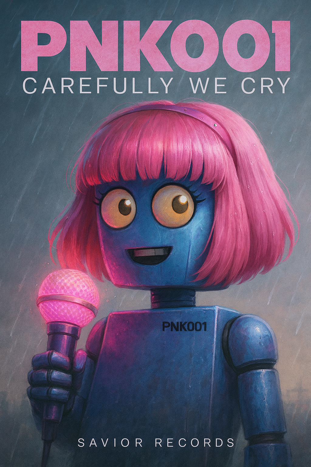 A robot with pink hair and big yellow eyes holds a pink microphone, with rain falling in the background, on album cover for "Carefully We Cry" by PNK00, released by Savior Records.