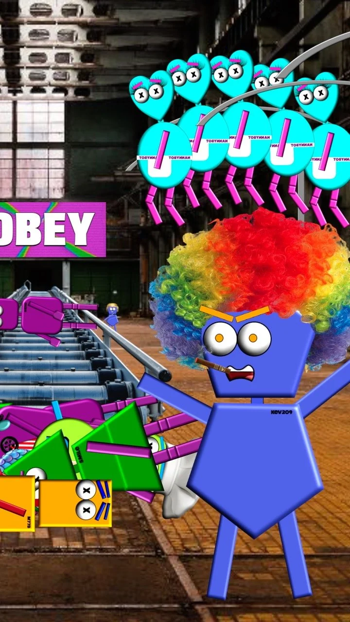 Animated blue character with rainbow-colored curly hair, holding a bat and wearing a cigar, surrounded by colorful animated toy characters in a warehouse with a sign that says COIN. The scene appears chaotic with toy blocks and characters scattered around.