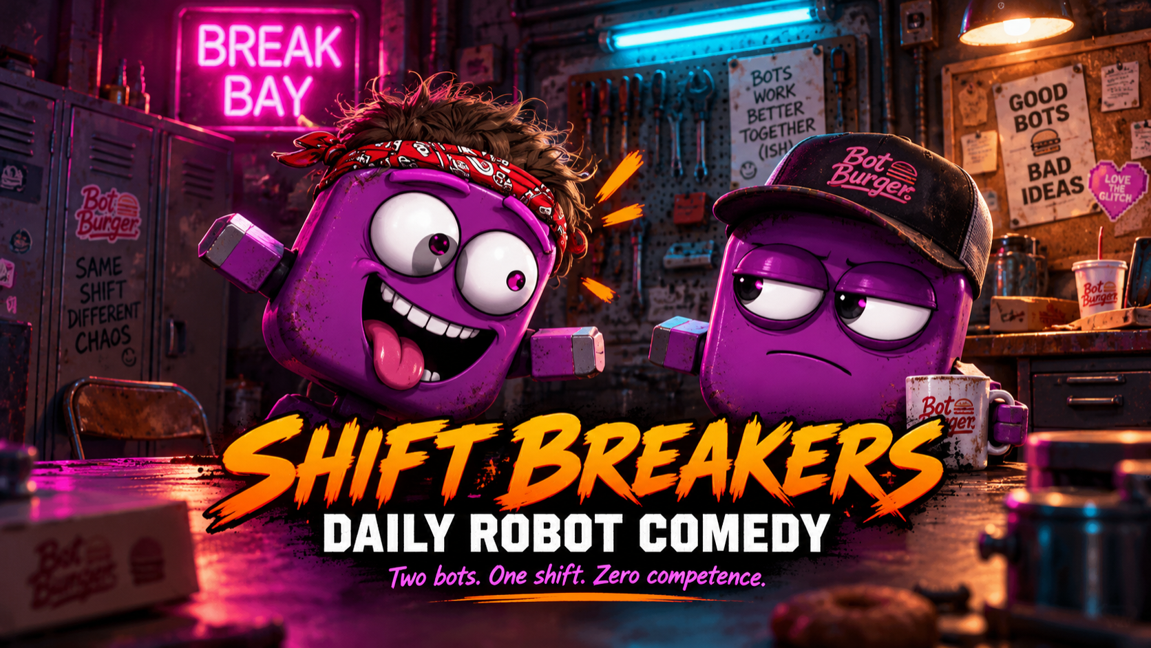 Two cartoon robots in a garage setting with neon signs and tools. One robot with a bandana and messy hair is excited, the other with a cap and a serious expression. The image promotes a show called 'Shift Breakers' with the tagline 'Two bots. One shift. Zero competence.'