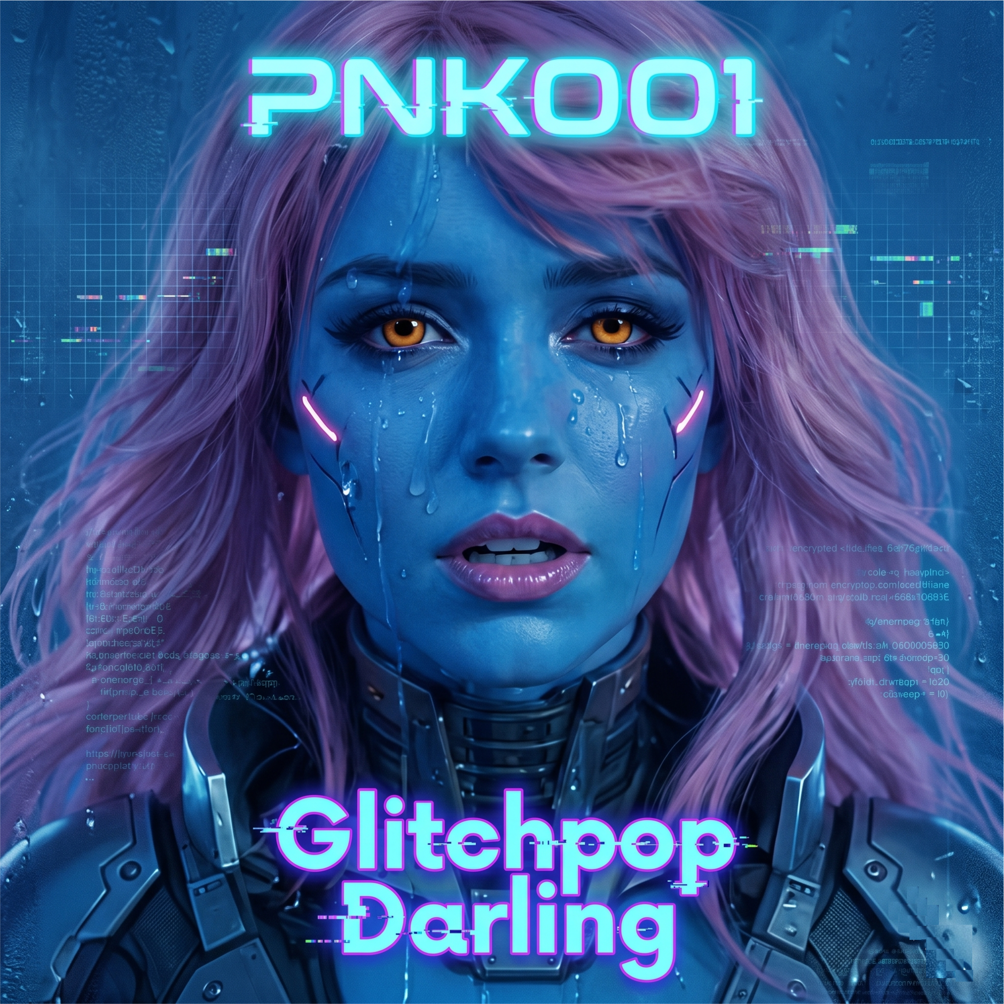 A person with neon blue skin and pink hair has vibrant glowing text above and below their face. The text includes 'PNK000', 'glitchhop', 'Electronic Dancing' with various digital, glitch effects and circuitry elements in the background.