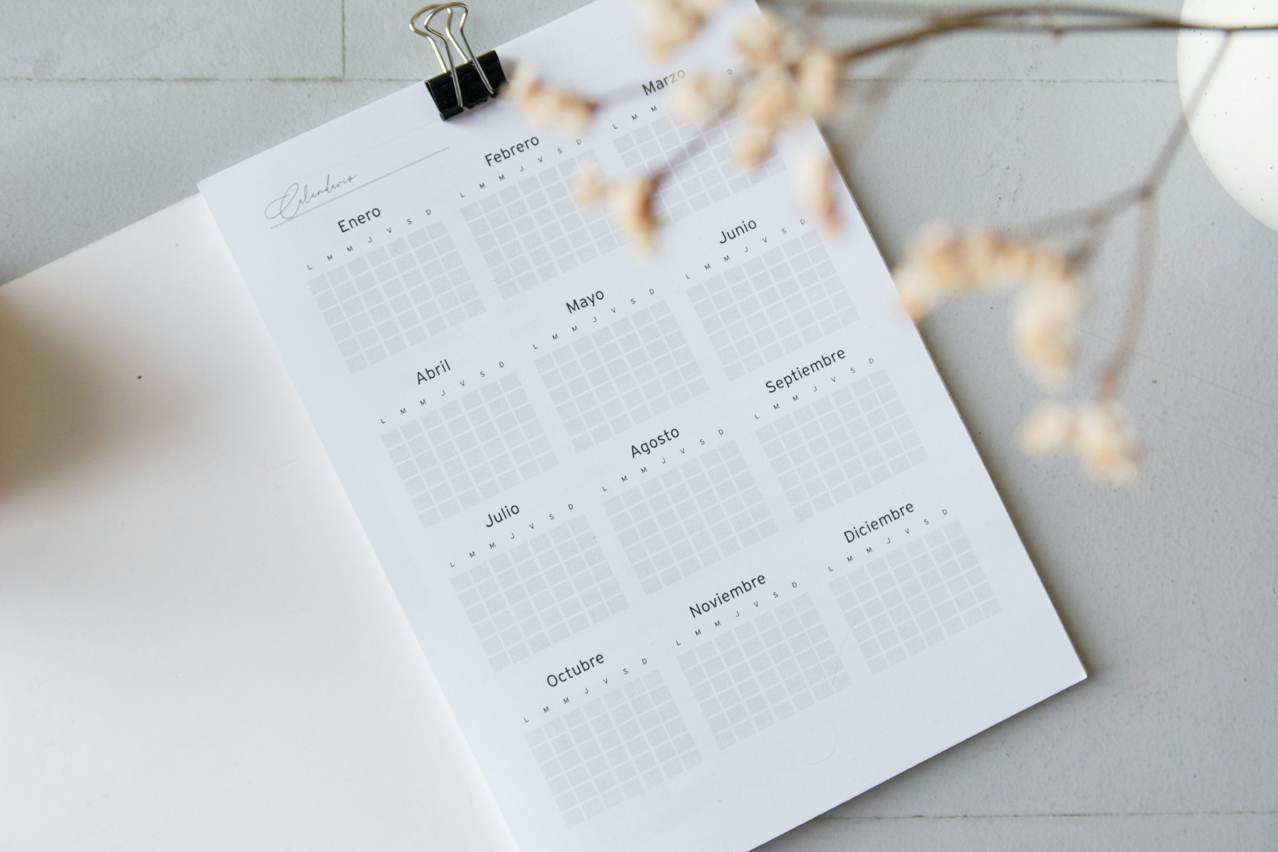 A printed yearly calendar with months in Spanish, clipped to a white surface with a black binder clip, and blurred dried flowers in the foreground.