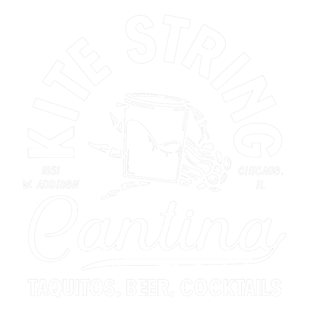 Logo featuring a beer mug with text KITE STRING around it, and the words "Cantina" and "TAQUITOS, BEER, COCKTAILS" below; includes address details "1851 W. ADDISON CHICAGO, IL".