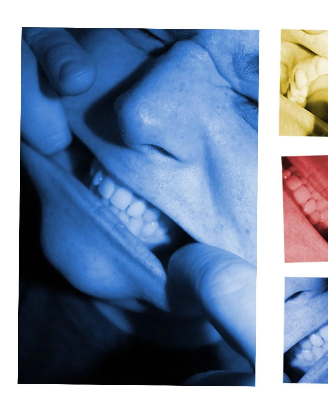 Close-up of a person's smile with hands gently touching their lips, in shades of blue.