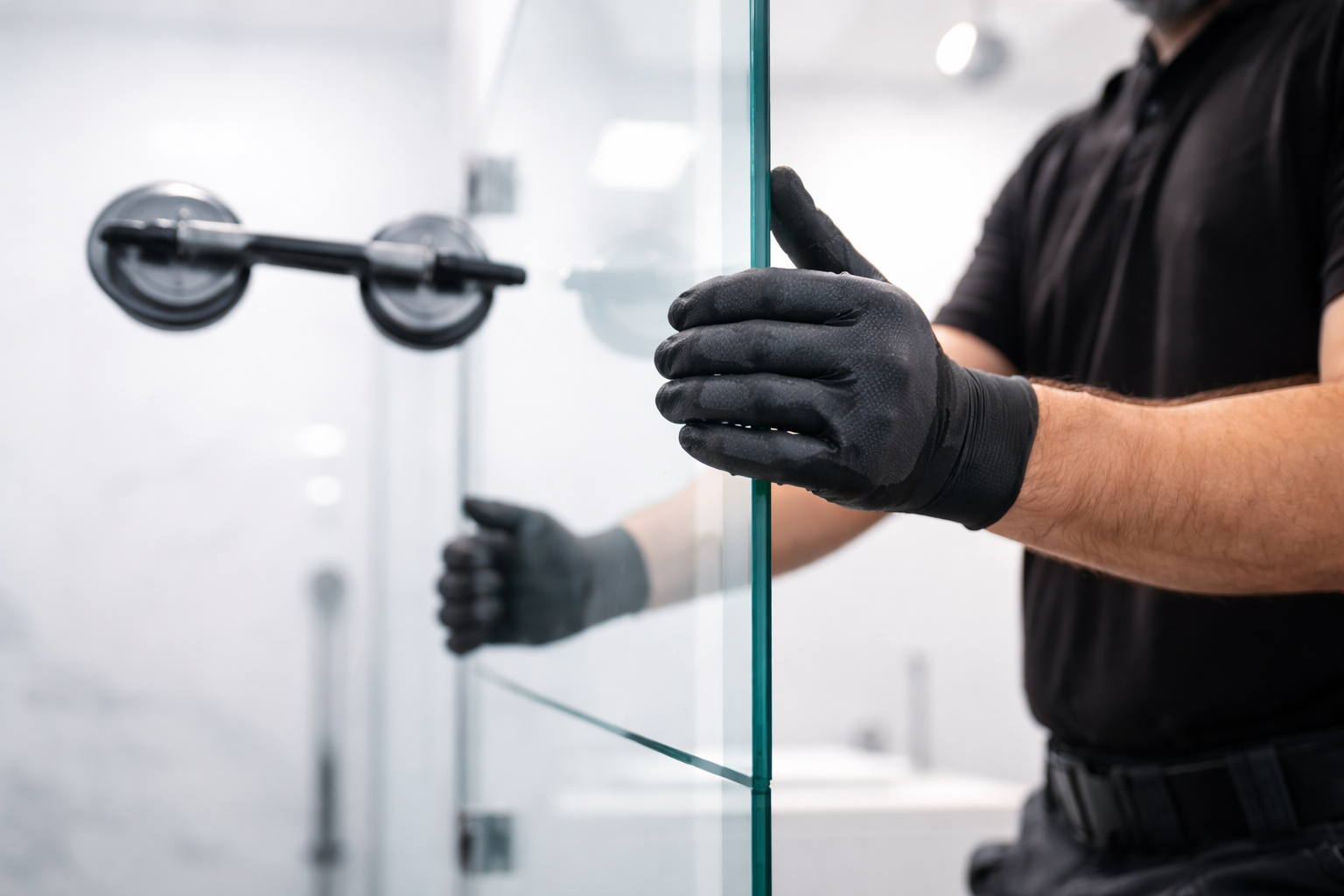 Person installing or inspecting a glass panel in a modern, bright setting, wearing black gloves and a black shirt.
