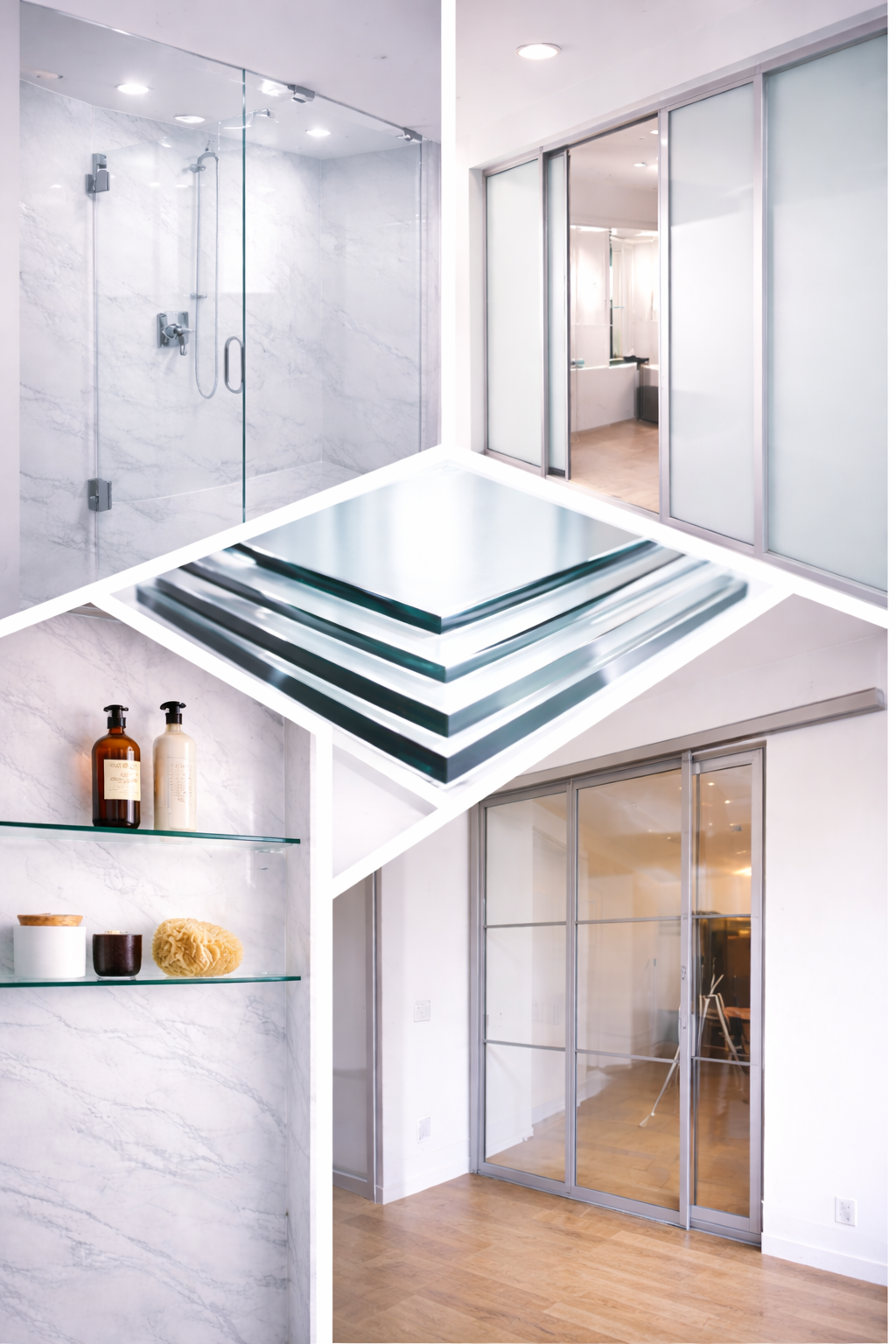Collage of modern bathroom and interior spaces with glass doors, marble accents, and minimalist decor.