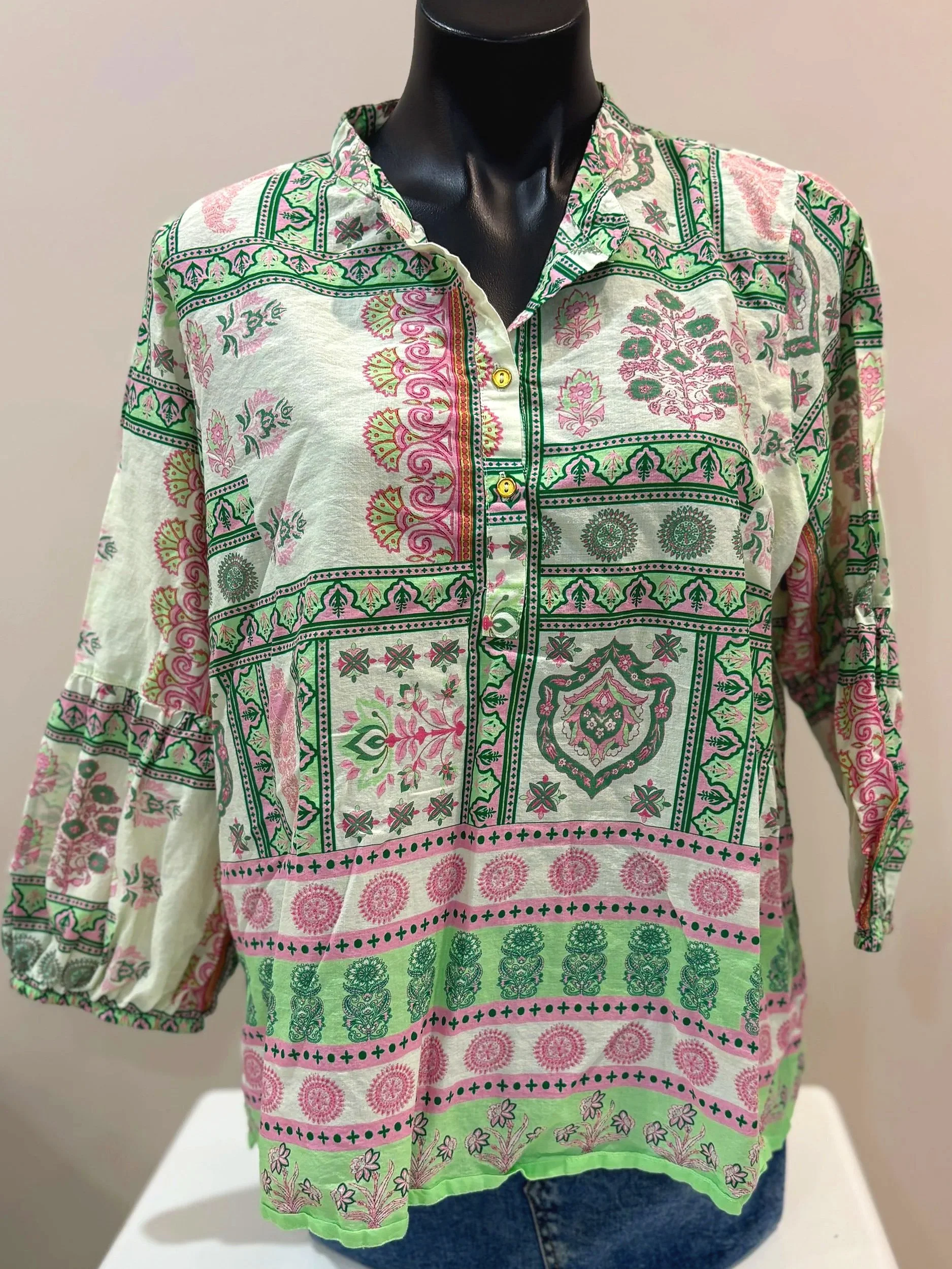 RUBY YAYA Green & Pink Damask Print Top (Size XL)-Retro Glamour