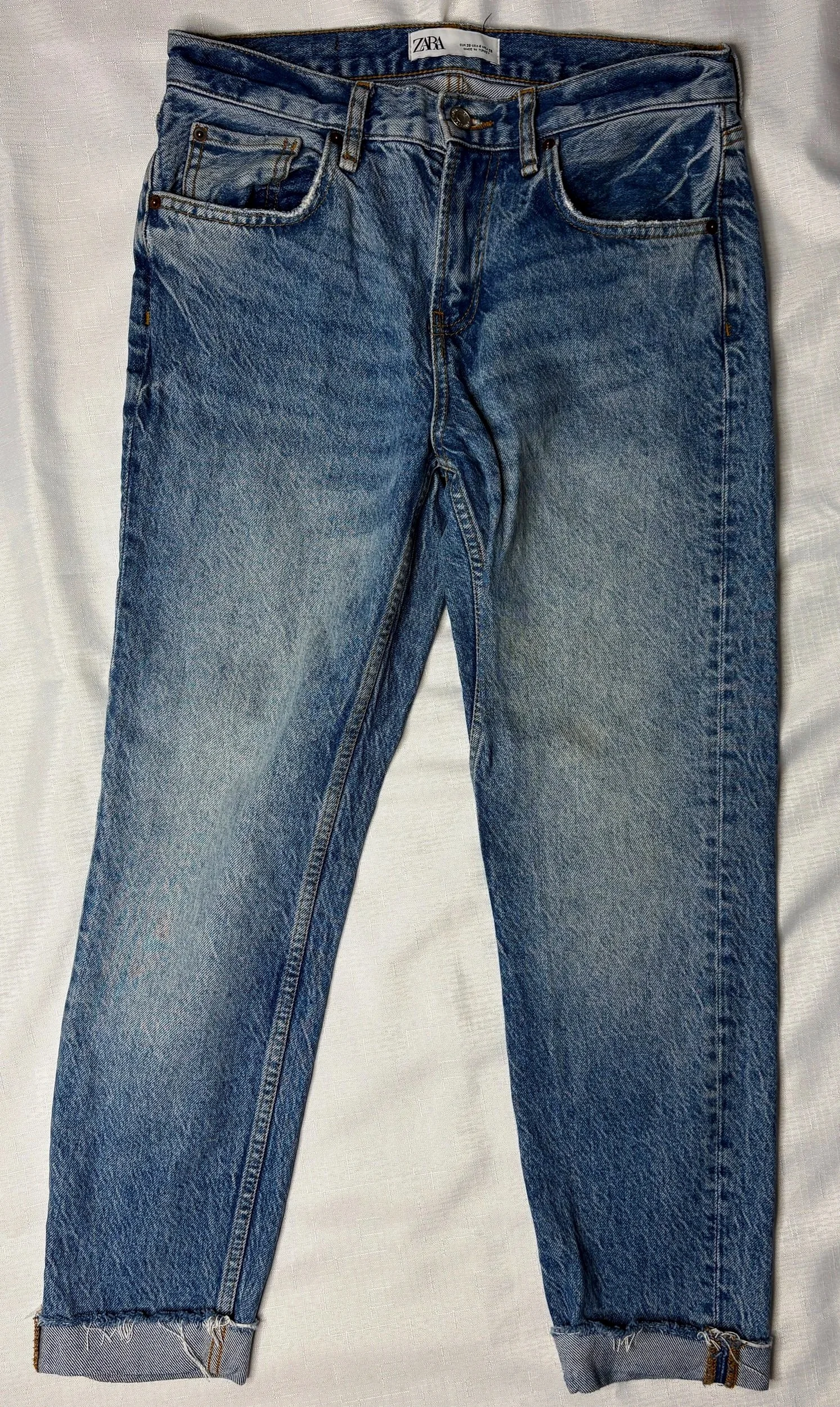 ZARA Medium Acid Wash Frayed Denim Jeans (Size 10)-Retro Glamour