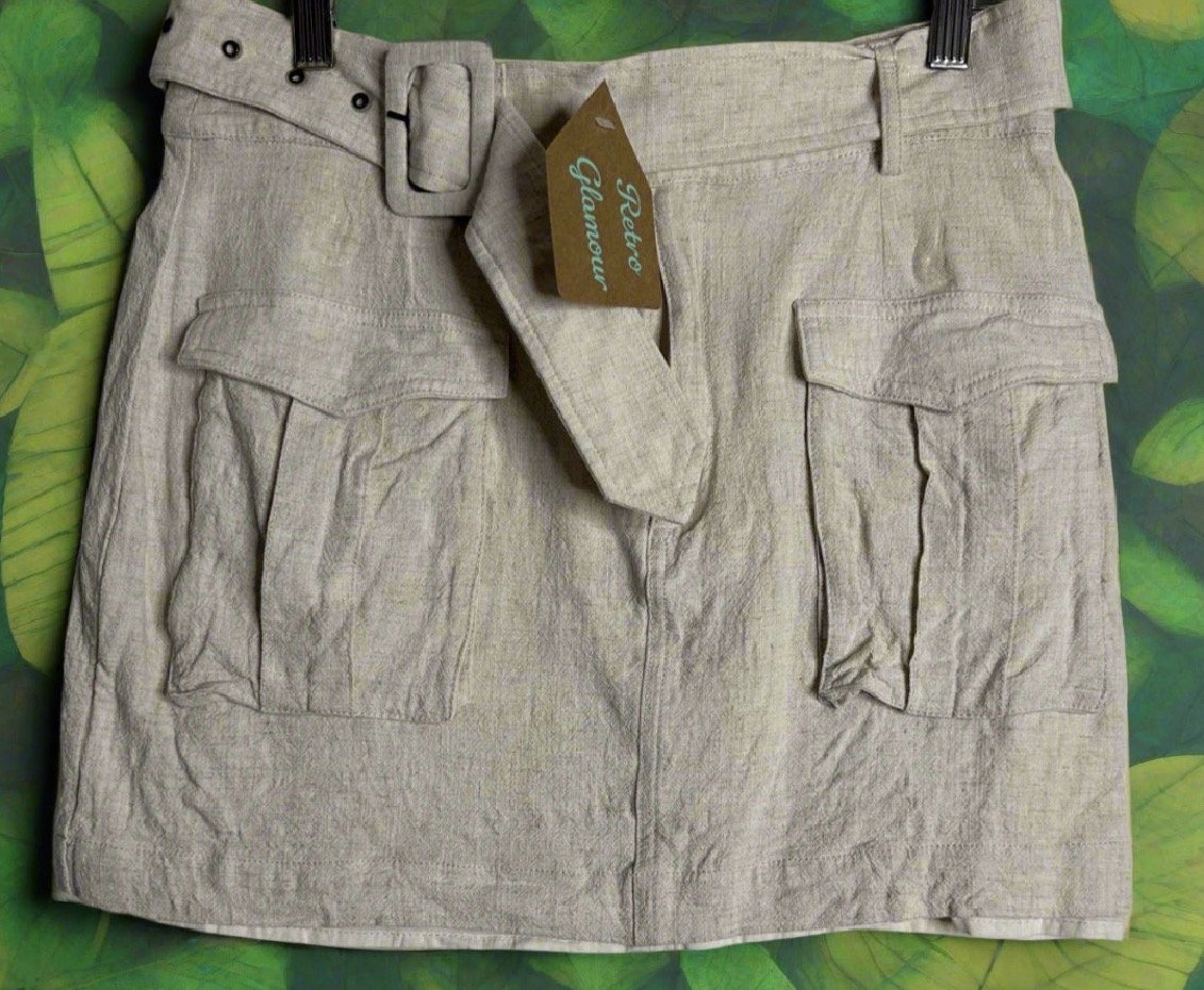 Linen Cream Safari Skirt - Summer Casual (Size M)