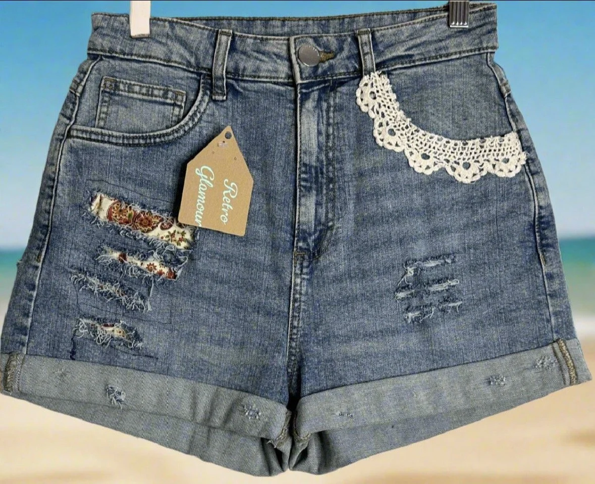 Distressed  Upcycled Red Paisley Shorts - Boho Style (Size 8)