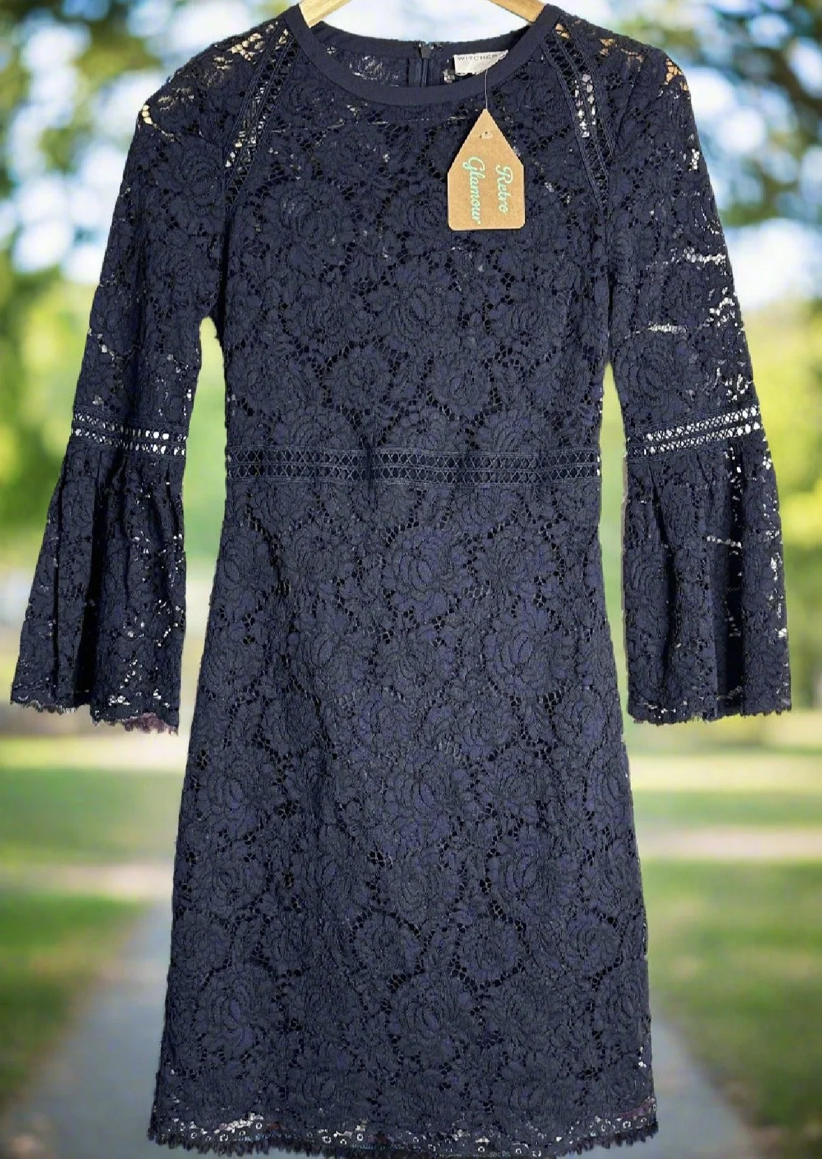 Navy Lace Dress Bell Sleeves - Elegant Boho (Size 6)
