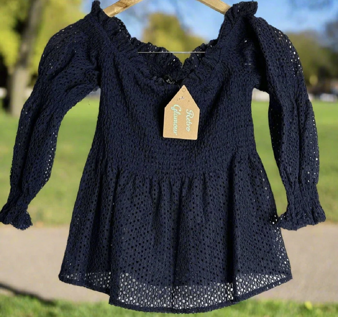 Navy Off-Shoulder Blouse - Elegant Summer (Size 12)