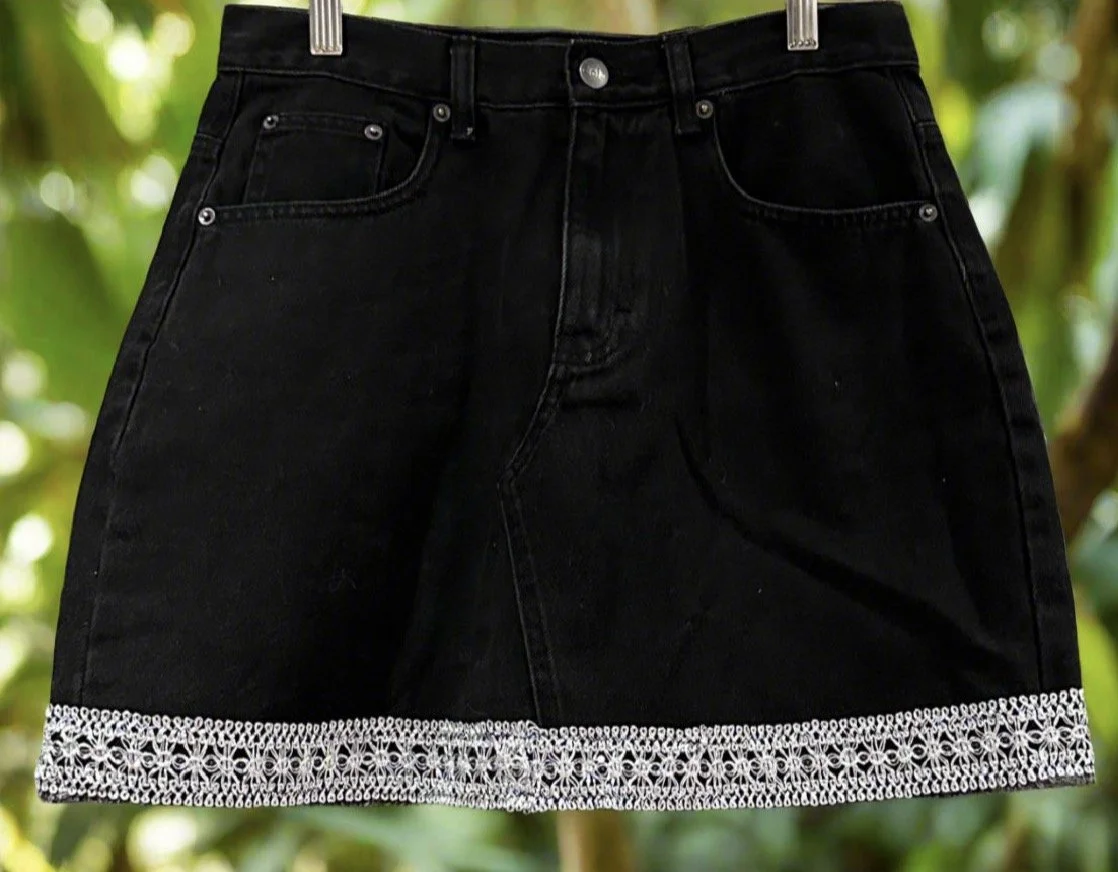Upcycled Black Denim Skirt - Sustainable Fashion (Size 12)