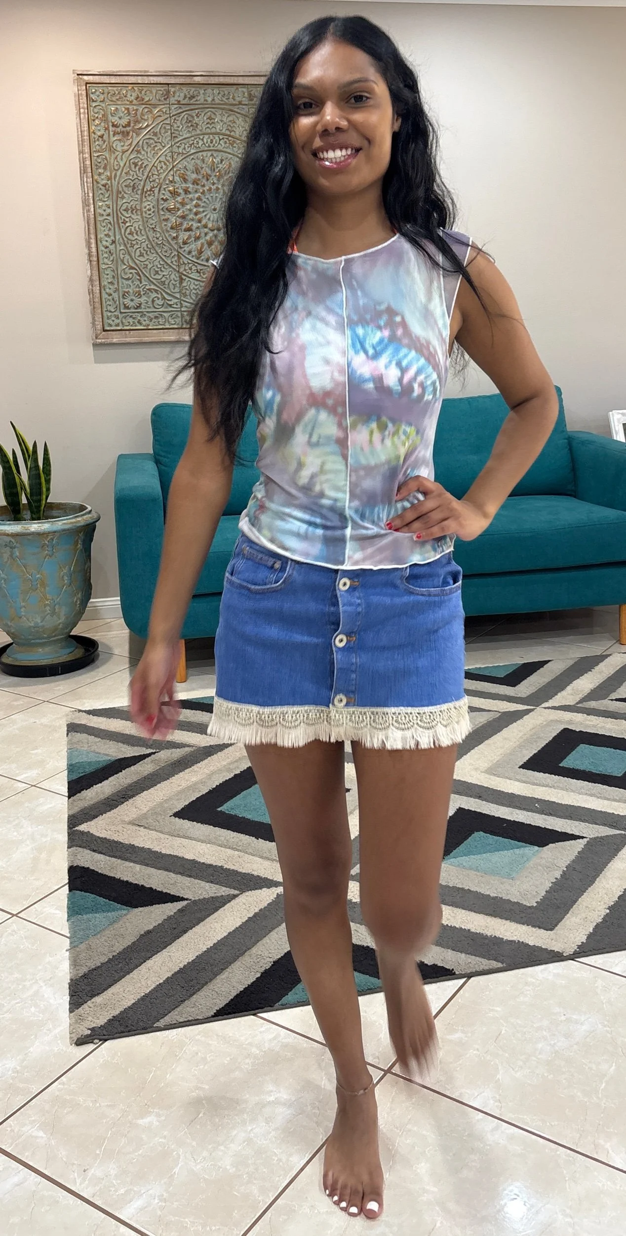 Gold Lace Denim Mini Skirt (Size 8)