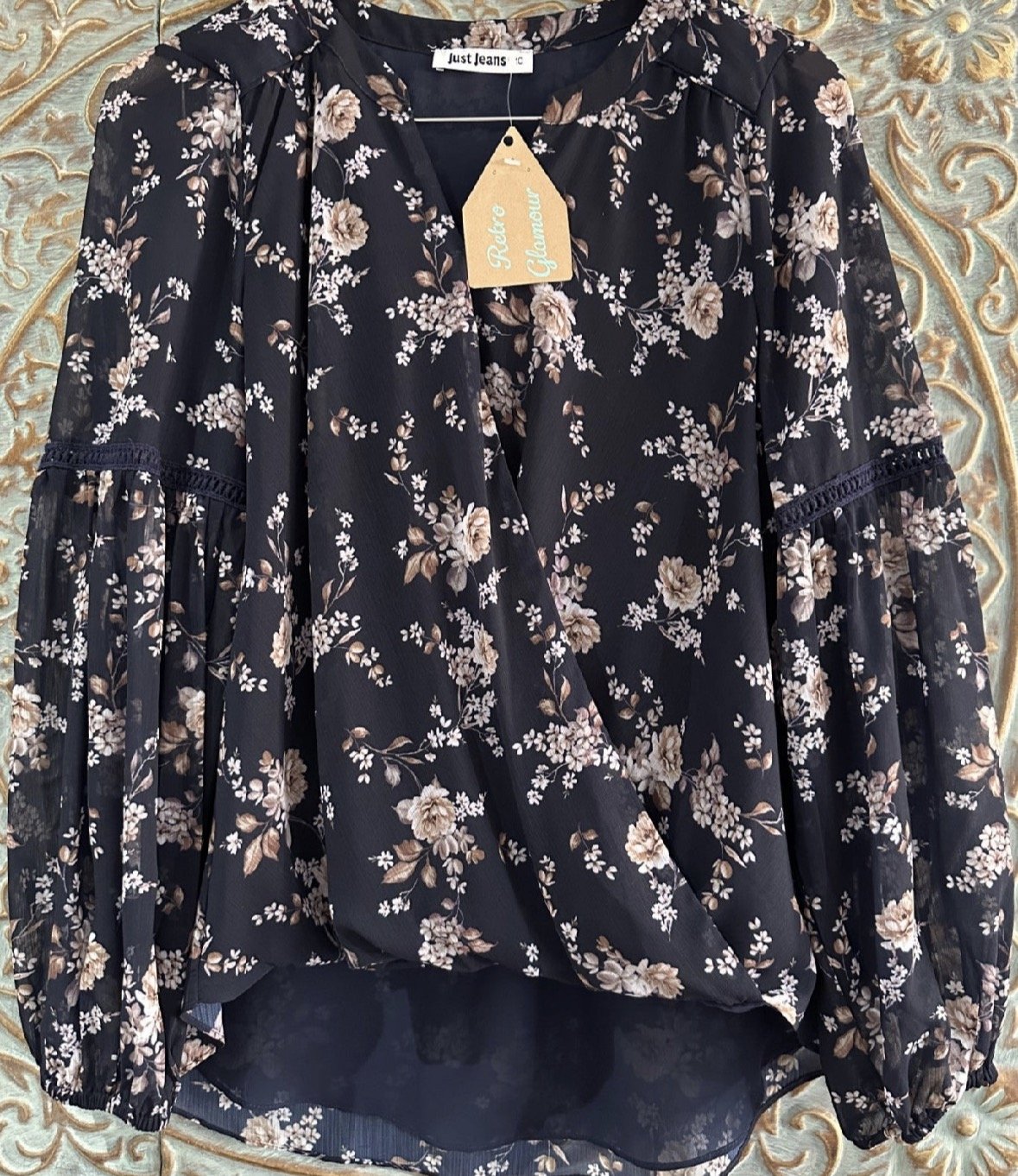 Navy Floral Cross-Over Blouse - Elegant (Size 10)