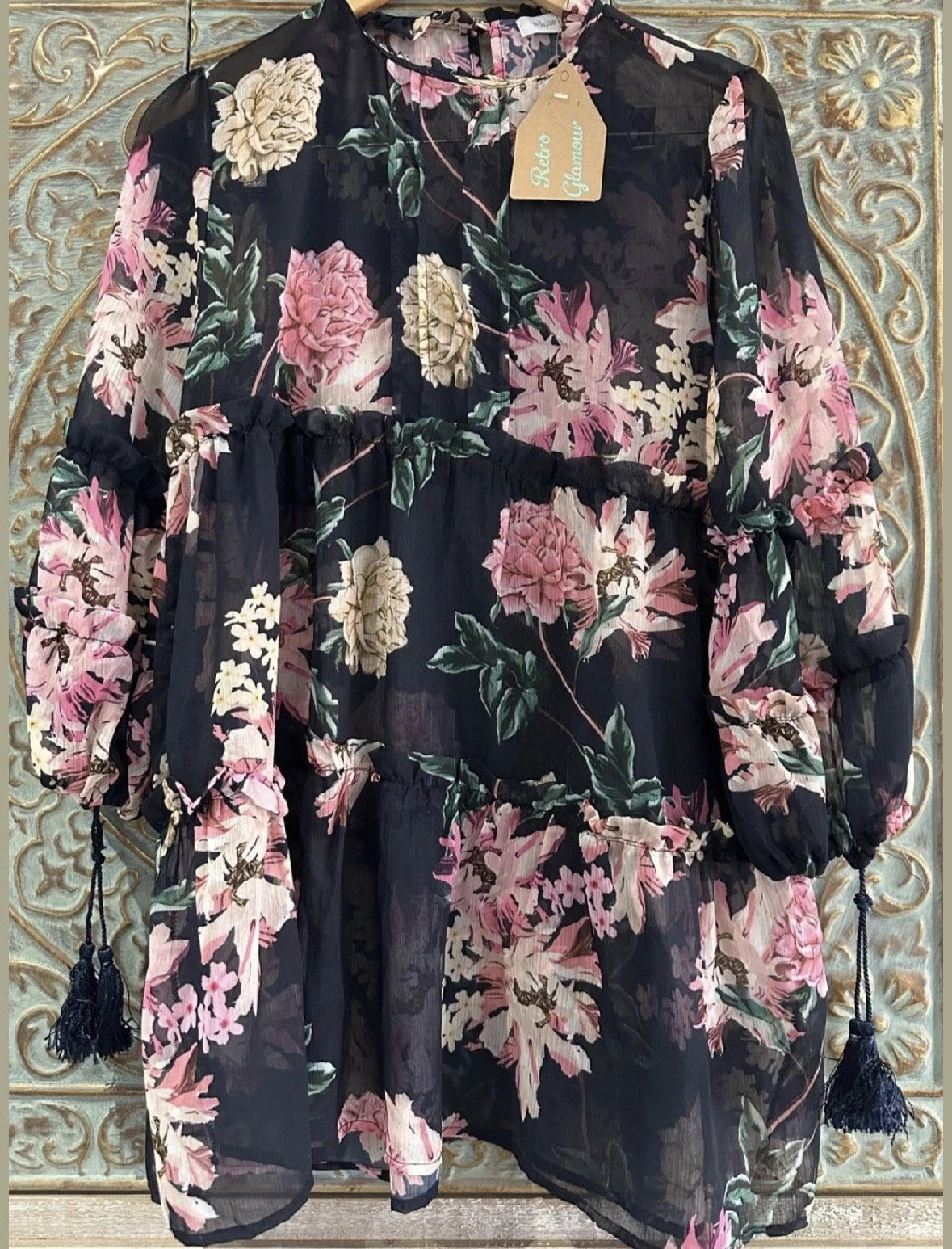 Navy Floral Chiffon Dress/Top - Elegant Flowing (Size 10)