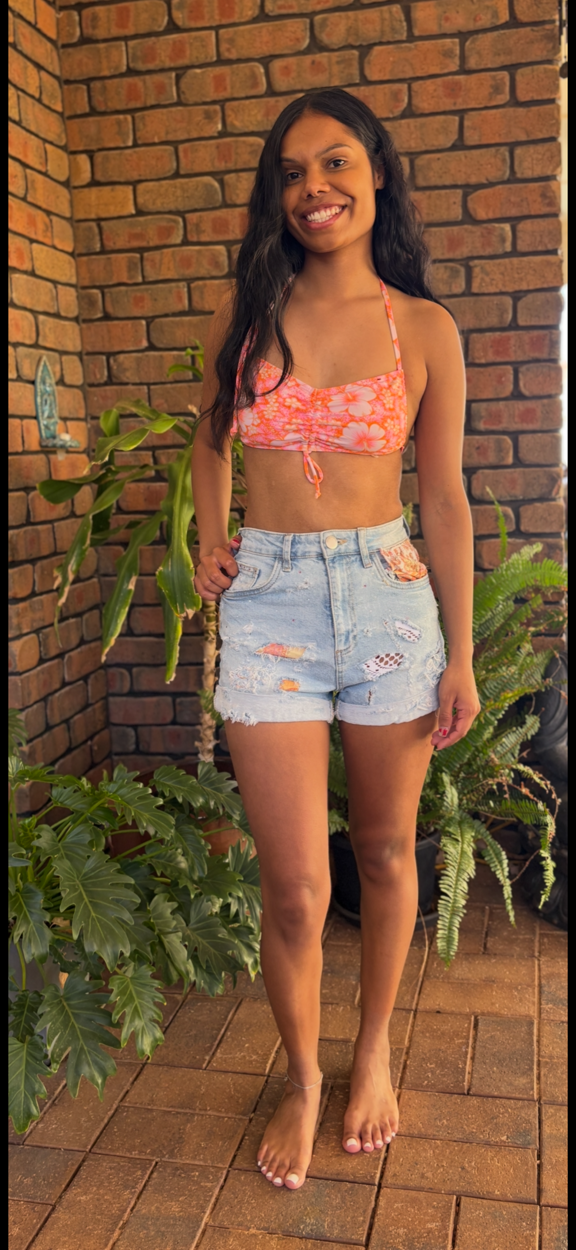 Pink Orange Patchwork & Lace Denim Shorts - Colourful (Size 8)