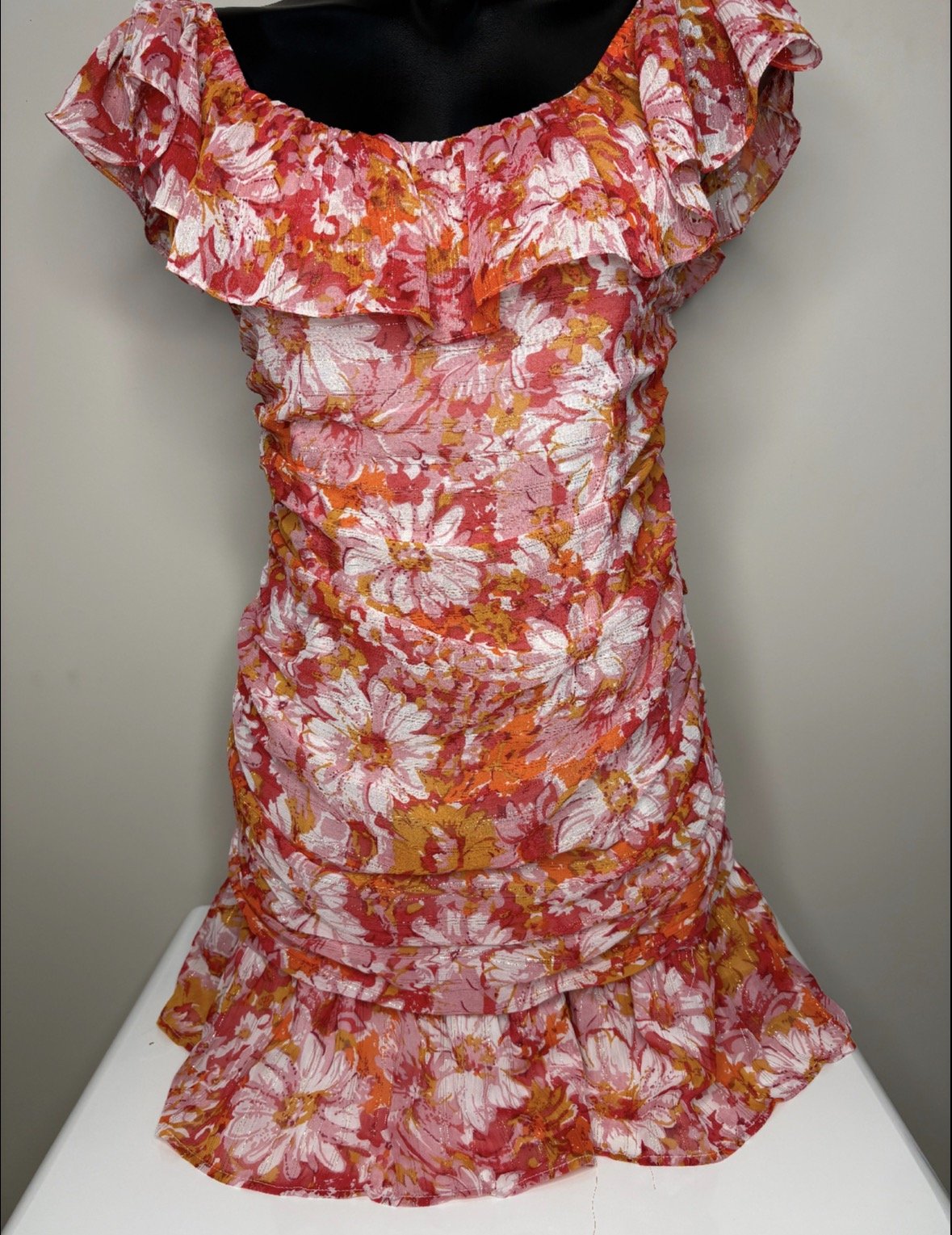 Pink Orange Ruffle Mini Dress - Fun Flirty (Size 14)