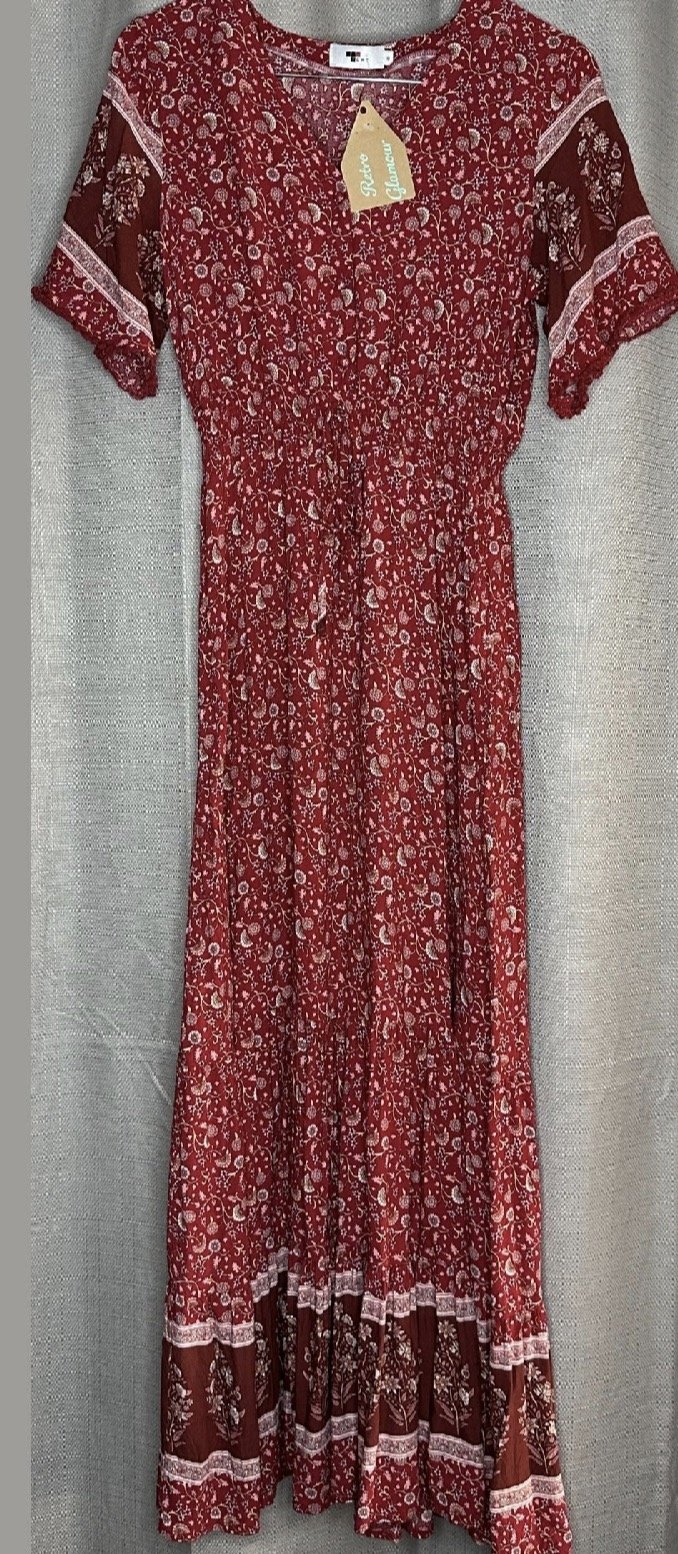 Boho Red Floral Maxi Dress - Flowing Relaxed (Size 10)
