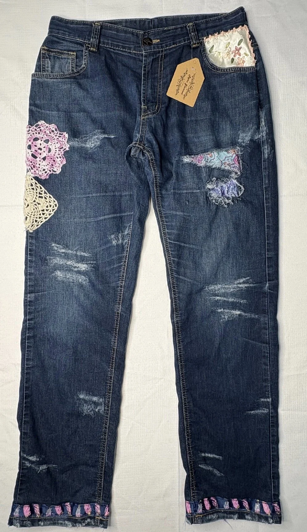 Upcycled unique Denim Jeans - Sustainable Vintage Style (Size 14)