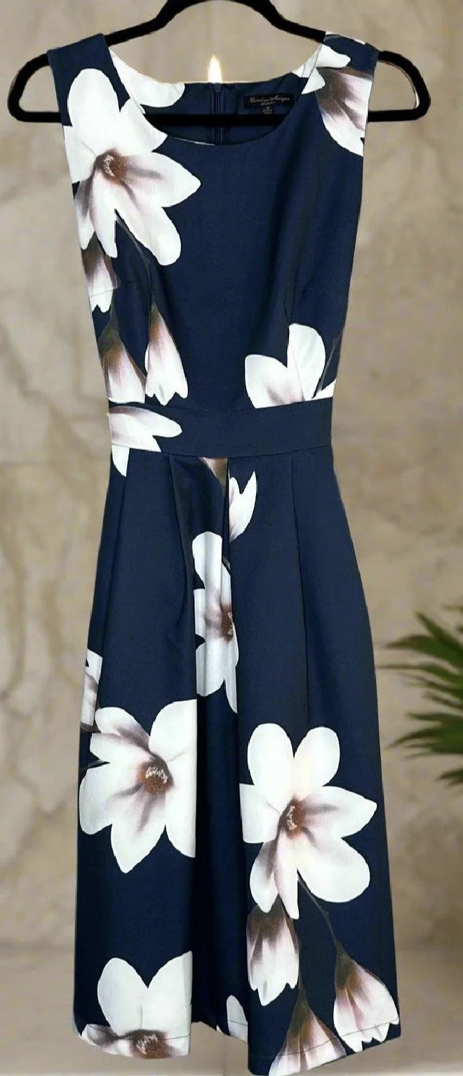 Navy Floral Dress - Classic Elegant (Size 14)