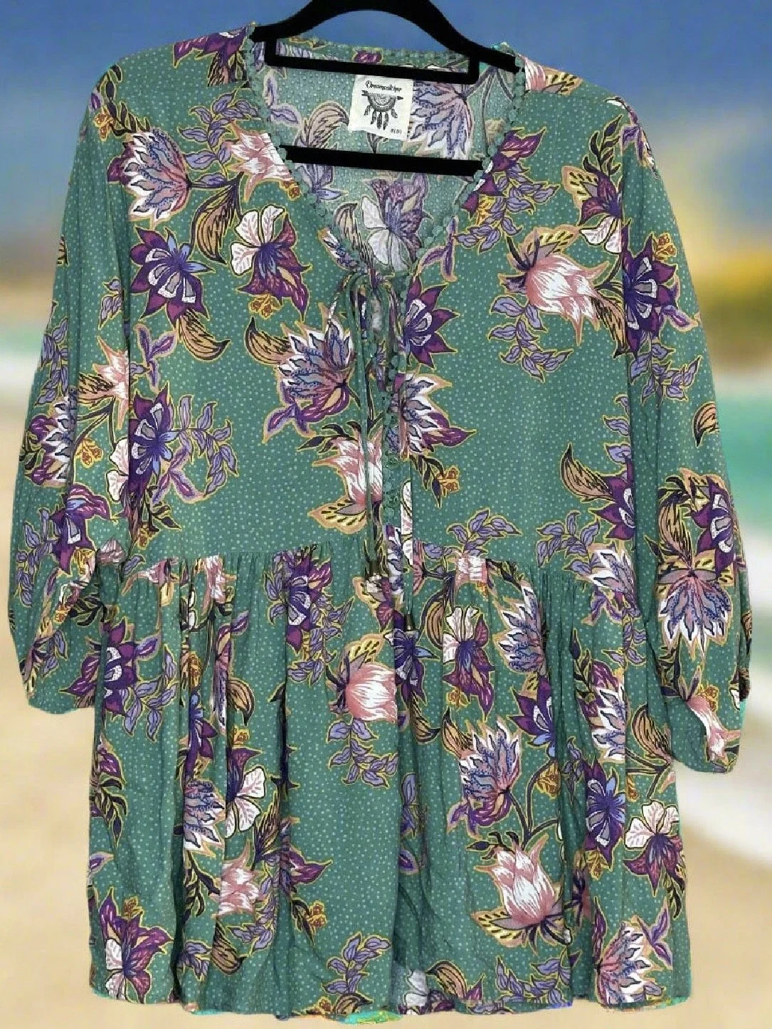 'Dream Catcher' Green & Purple Floral Blouse - Boho Casual (Size 8-12)