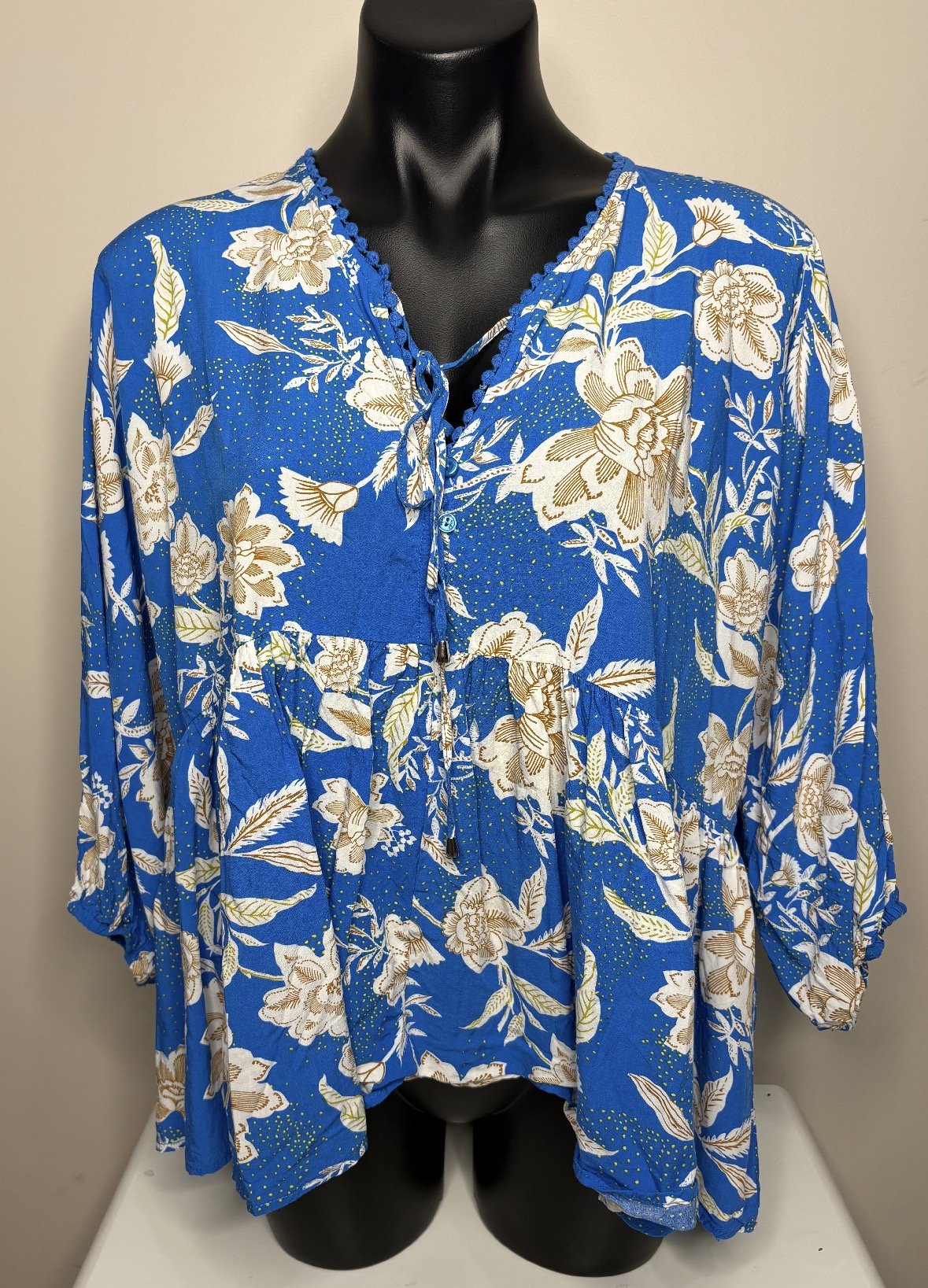 JAASE Electric Blue Babydoll Floral - Boho Blouse (Size 10)