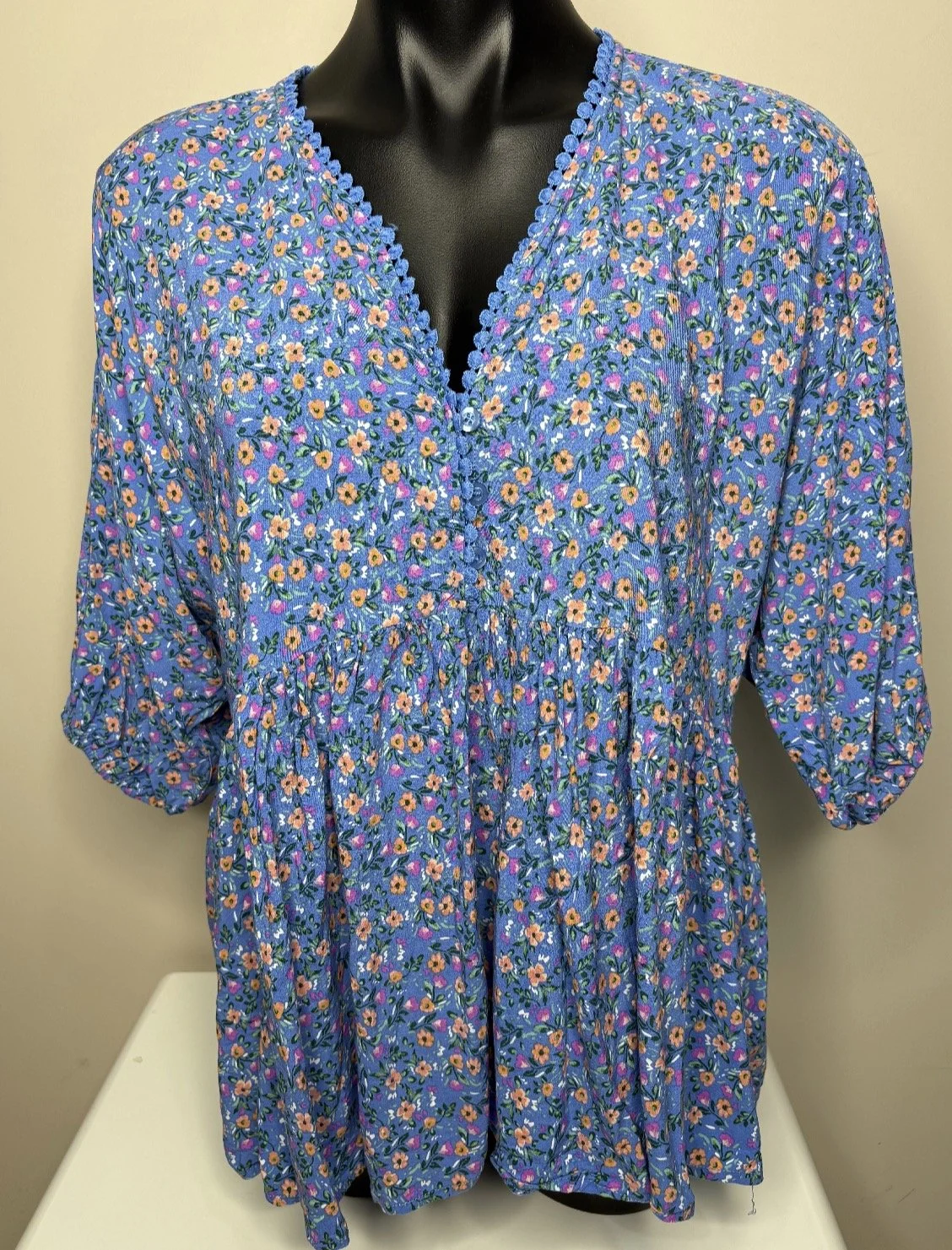 Blue Petite Floral Baby-doll Peplum Blouse- (Size 10)