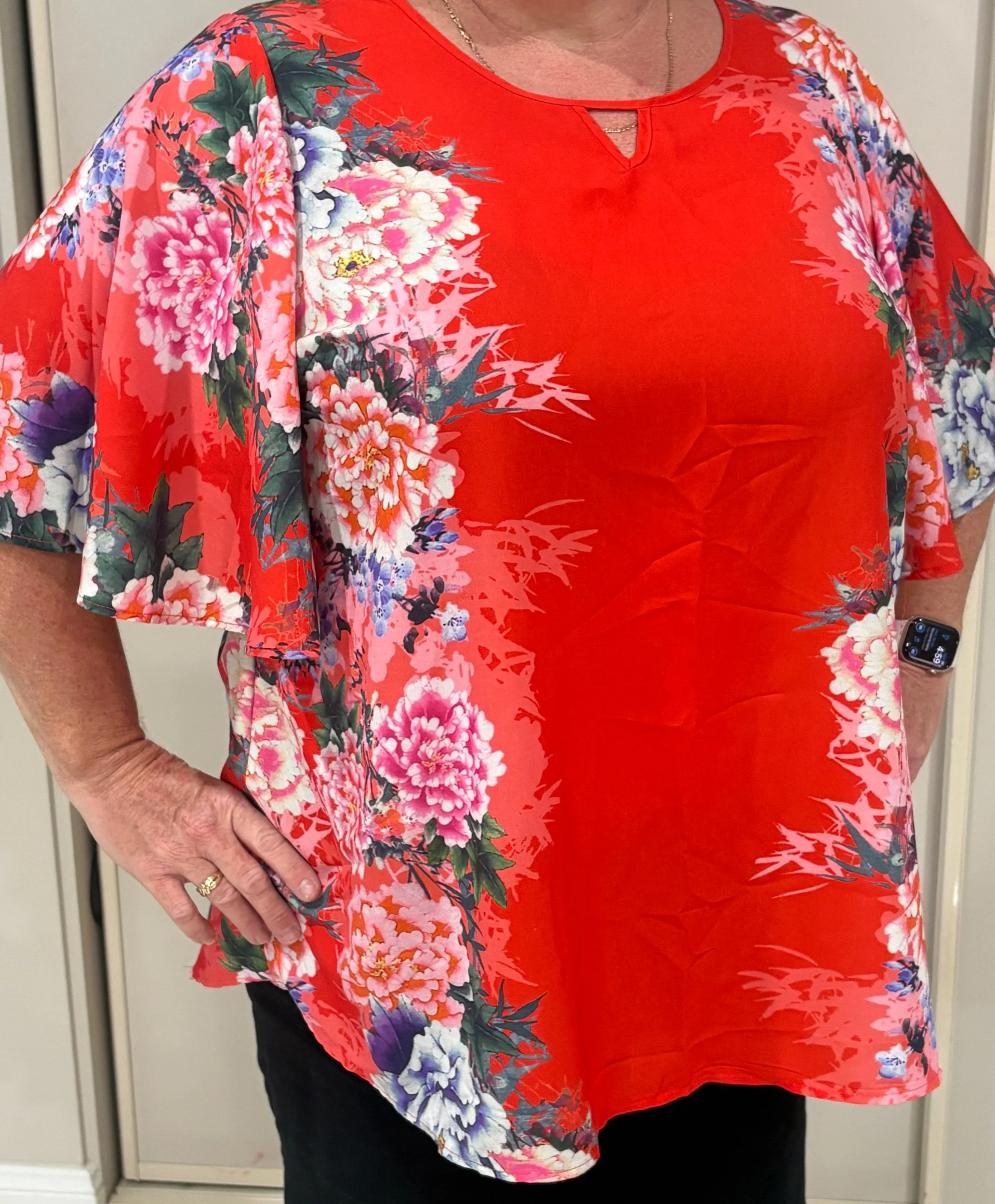 Orange Floral Panel Blouse - Floaty romantic sleeves (Size 20)