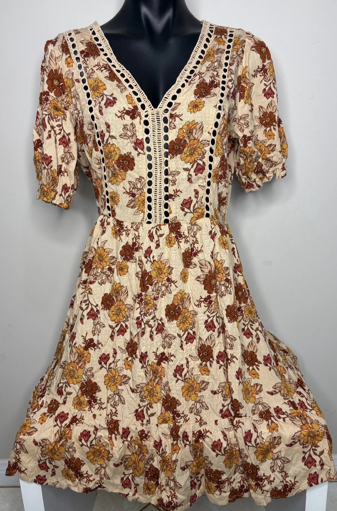 Autumn Floral Skater Dress- Casual Boho (Size XL or 14)