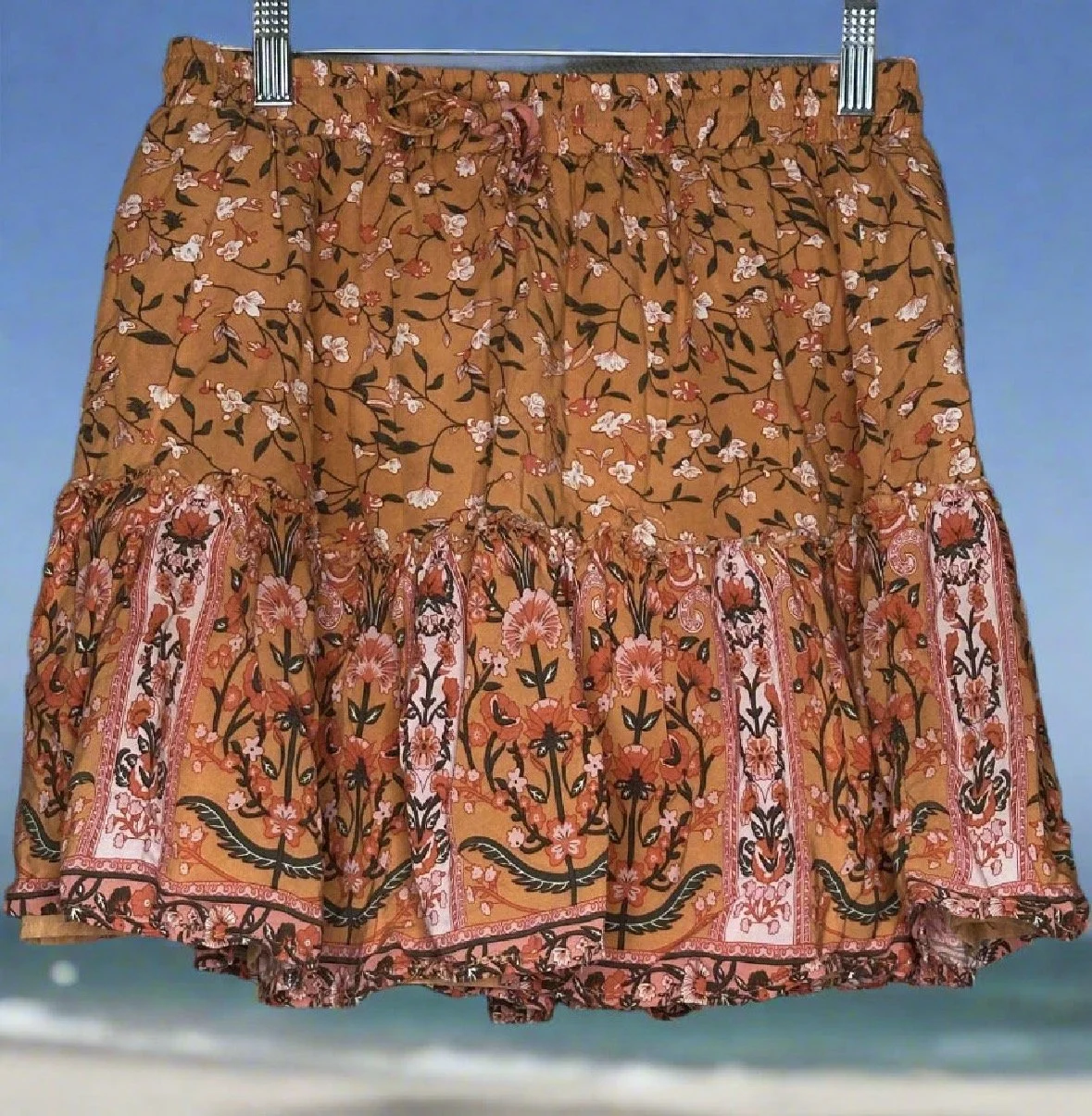 Orange Floral Skater Skirt - Boho Casual-( Size 10)