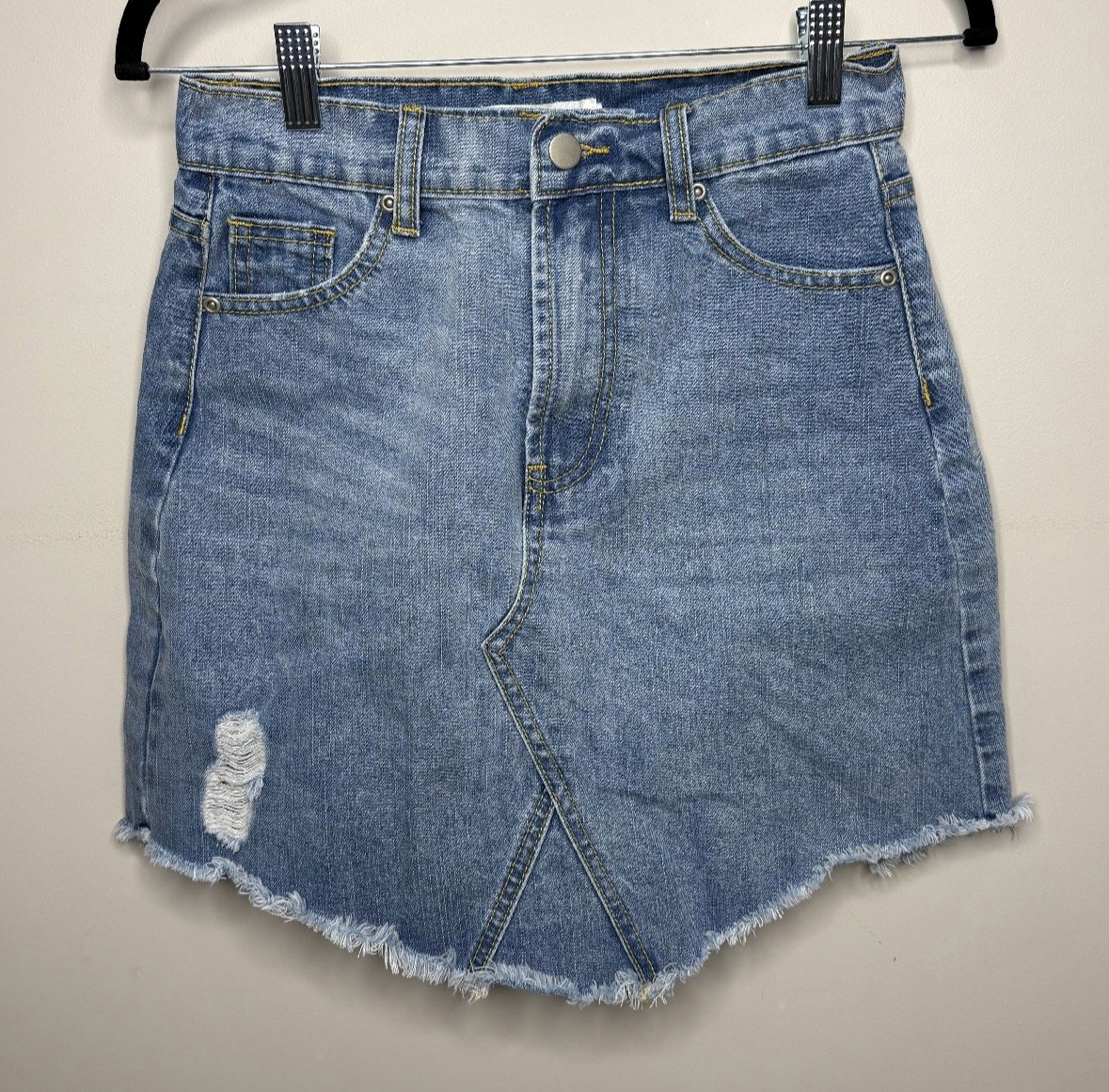Distressed Straight Denim Skirt Elongated hem - Edgy Casual Style (Size 8)
