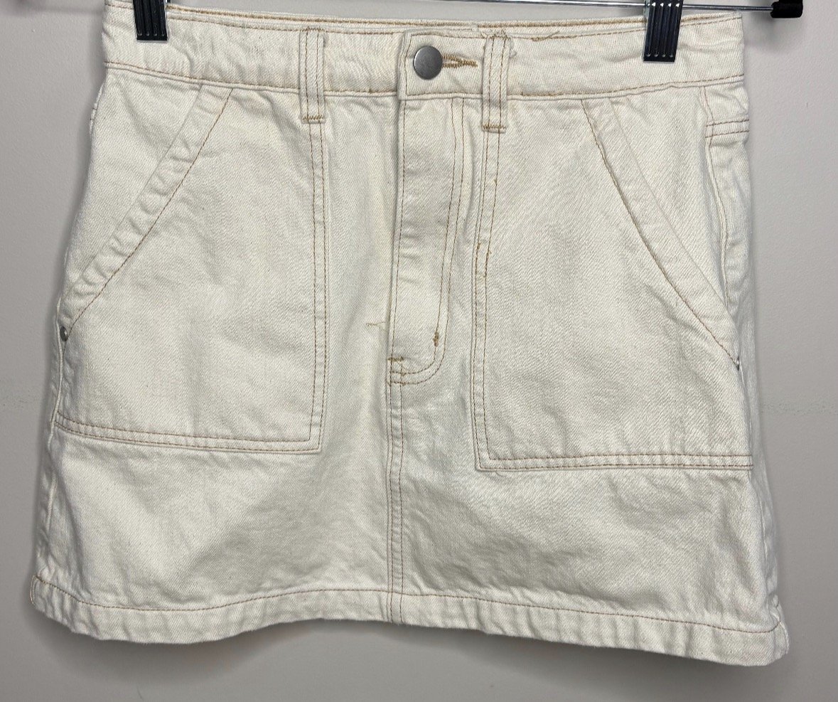 Cream A Line Square Pocket Detail Denim Skirt - Classic Cut (Size 12)