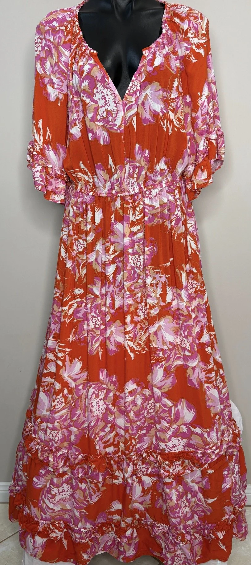 Long Length Layered Bright Orange + Pink Maxi Dress - Boho Casual (Size 20)