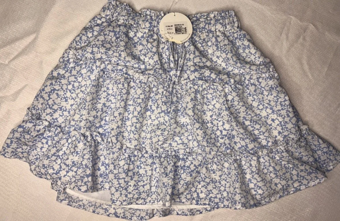 Pale Blue white floral  A-line Ruffled Skirt - Casual (Size 8)