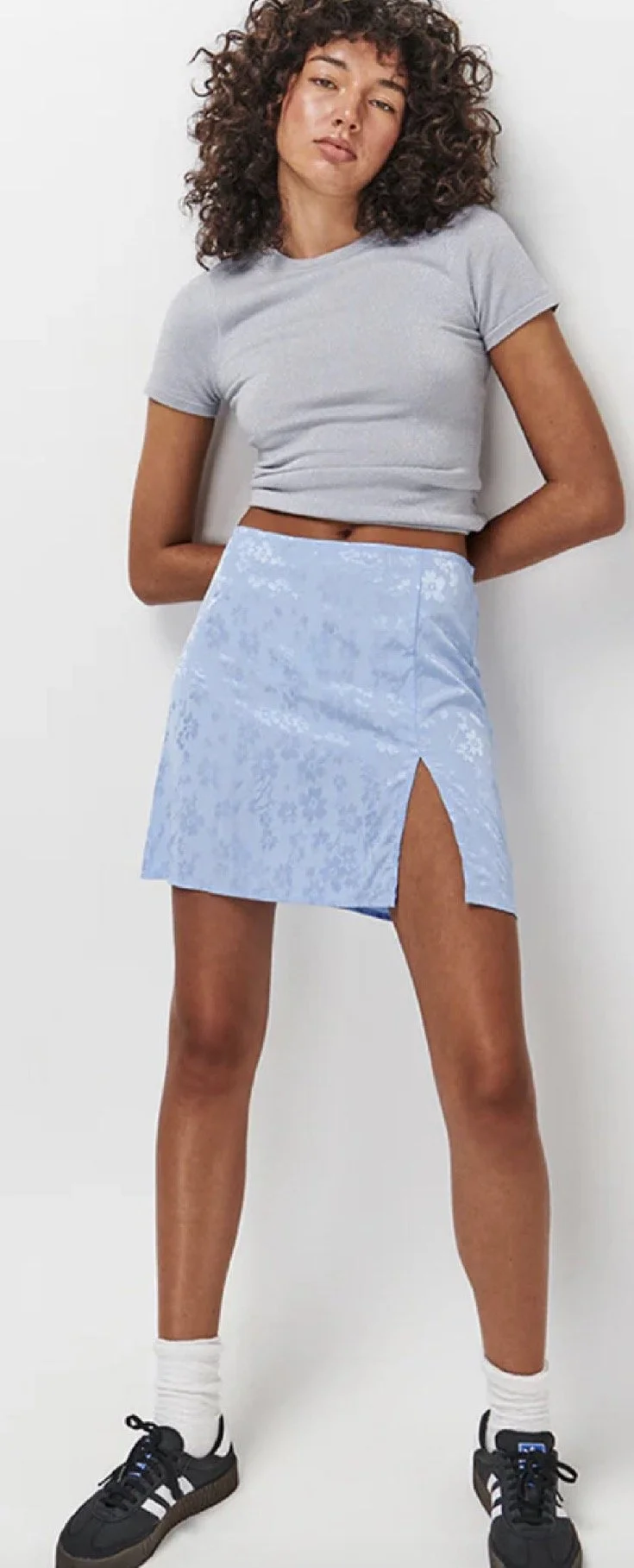 Blue Blossom Jacquard Mini Skirt - Textured Style (Size 14)