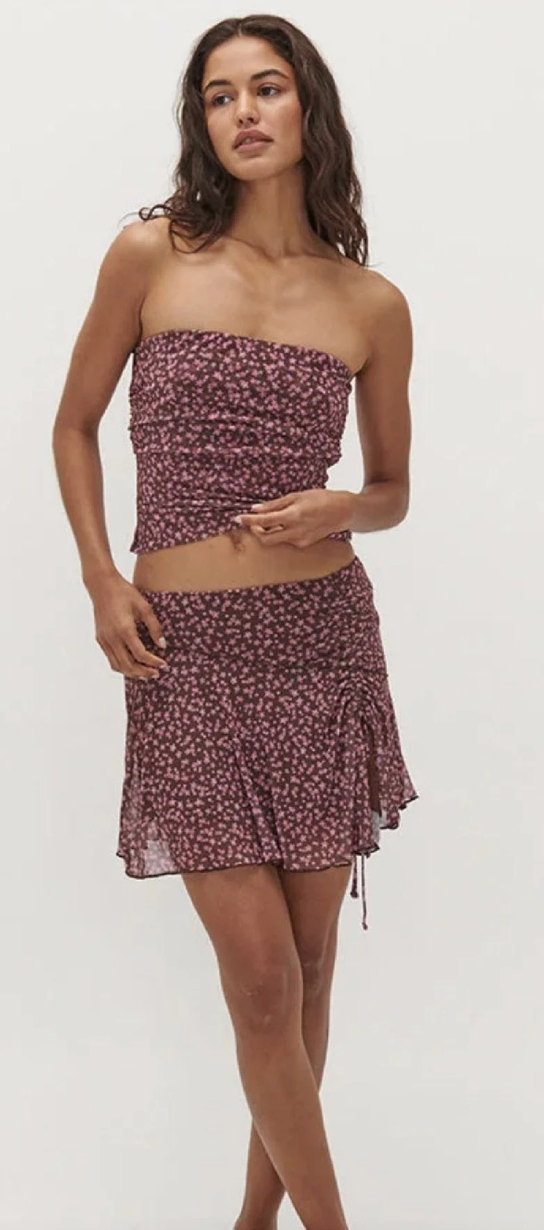 Ghanda "Venus Mesh Rouched Brown / Pink Floral Y2K Mini (Size S, L)