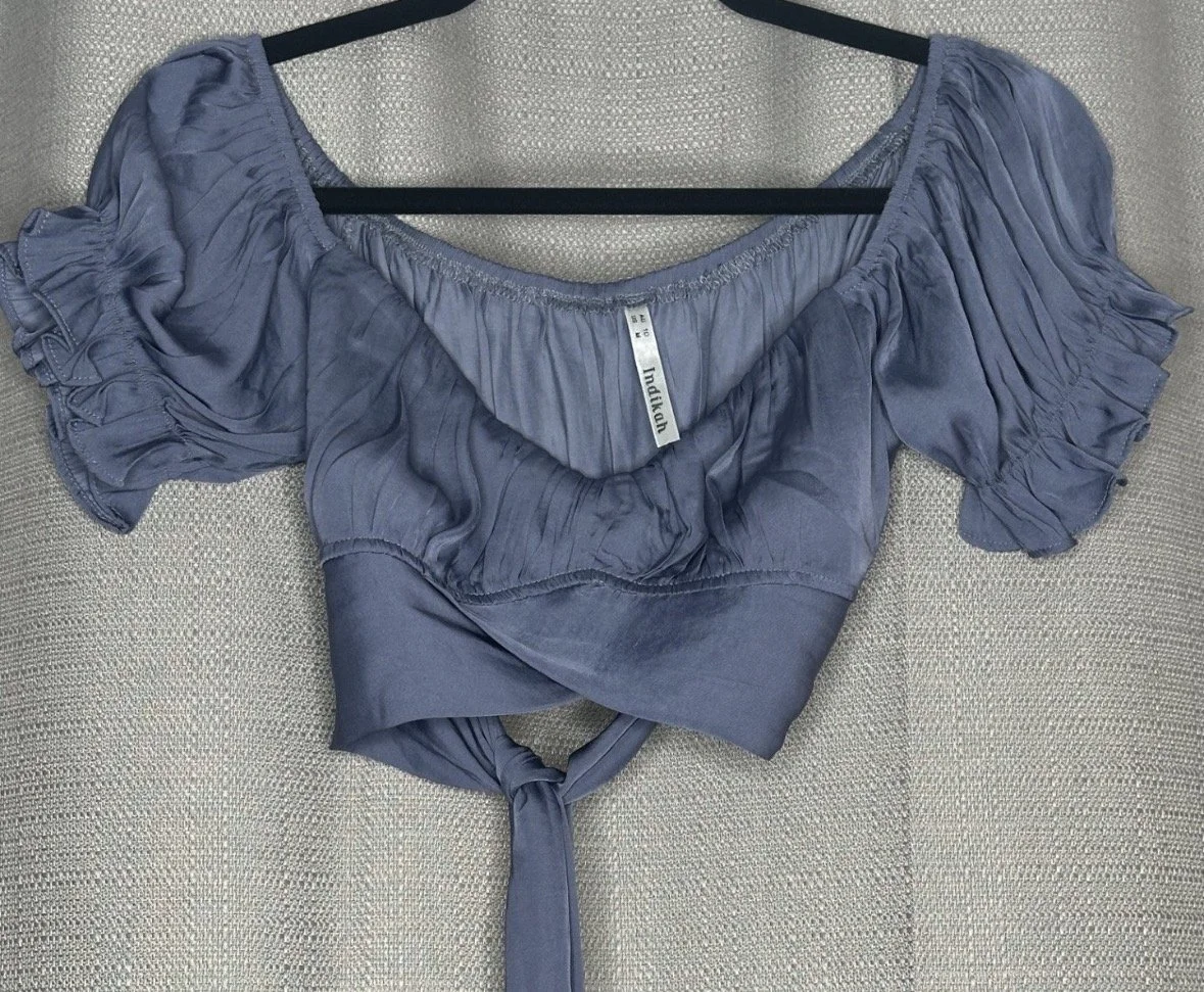 'Indikah' Satin Steel Blue Crop Blouse -Casual Chic (Size 10)