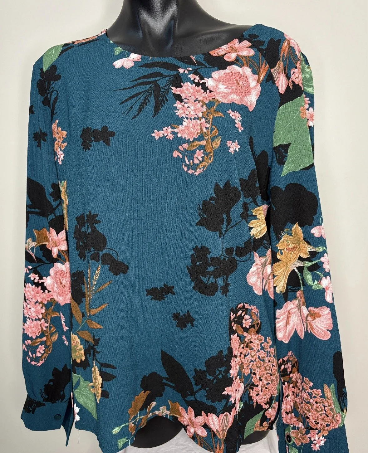 Emerald Bold Floral Blouse exposed back zipper - Sophisticated (Size 16)