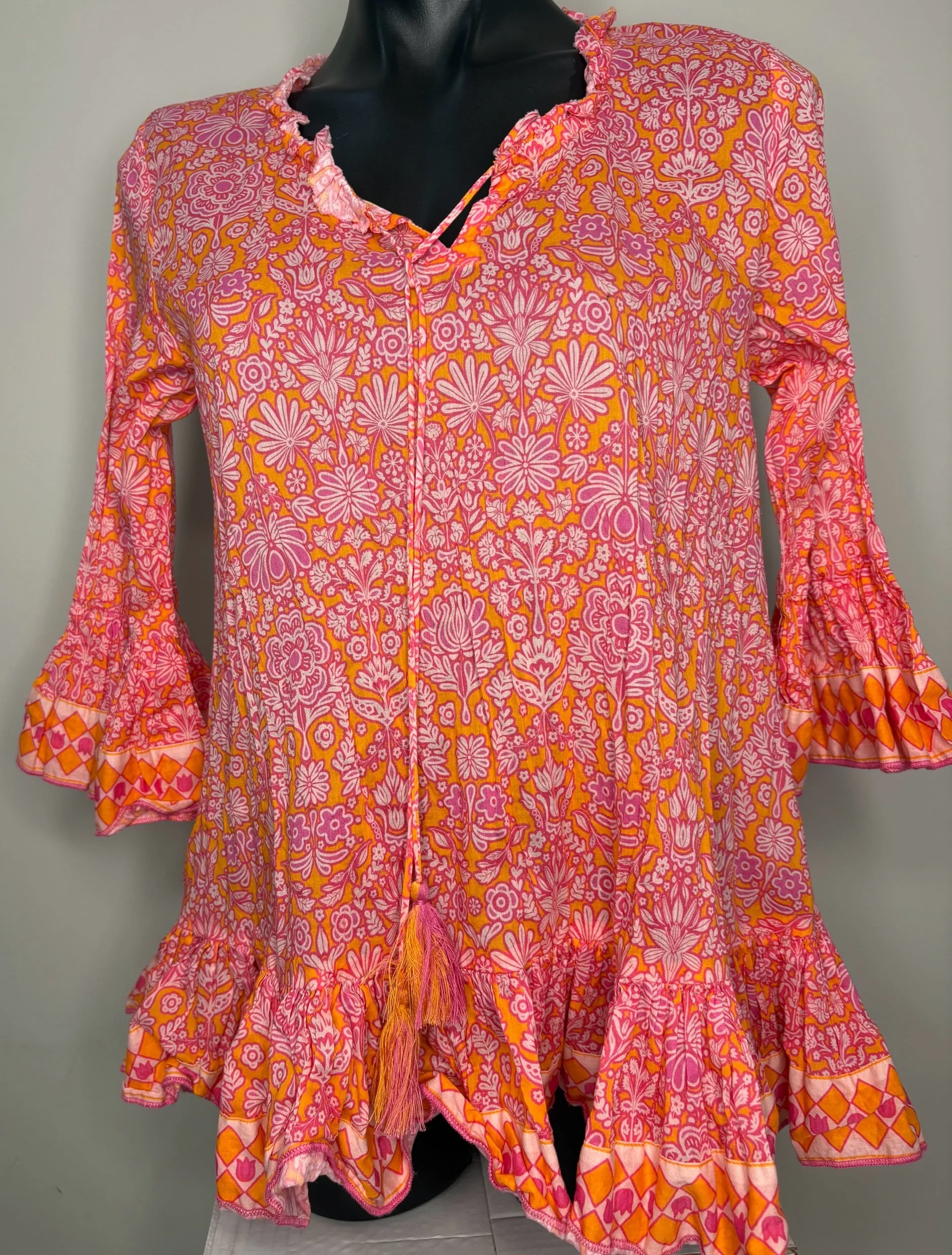 Naudic Orange with pink flowers 70's Bell Sleeve- Boho Casual (Size M)