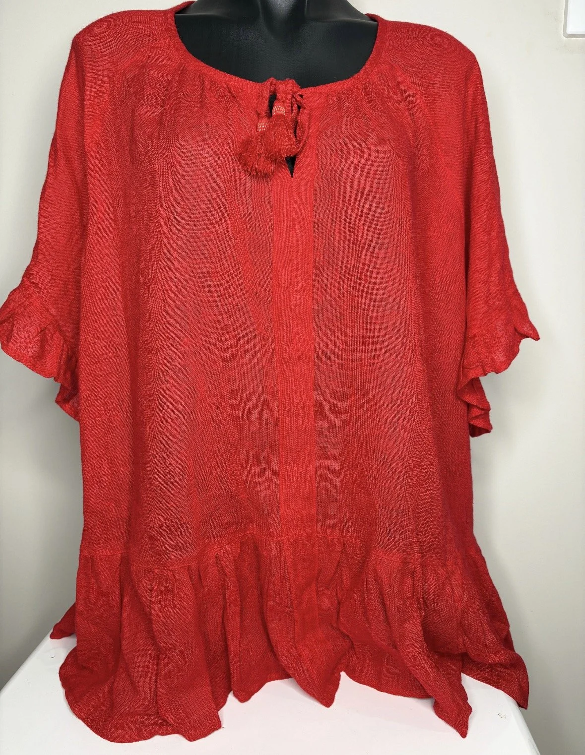 Candy Red Linen Taking Shape  Blouse - Breathable Summer Top (Size 20)